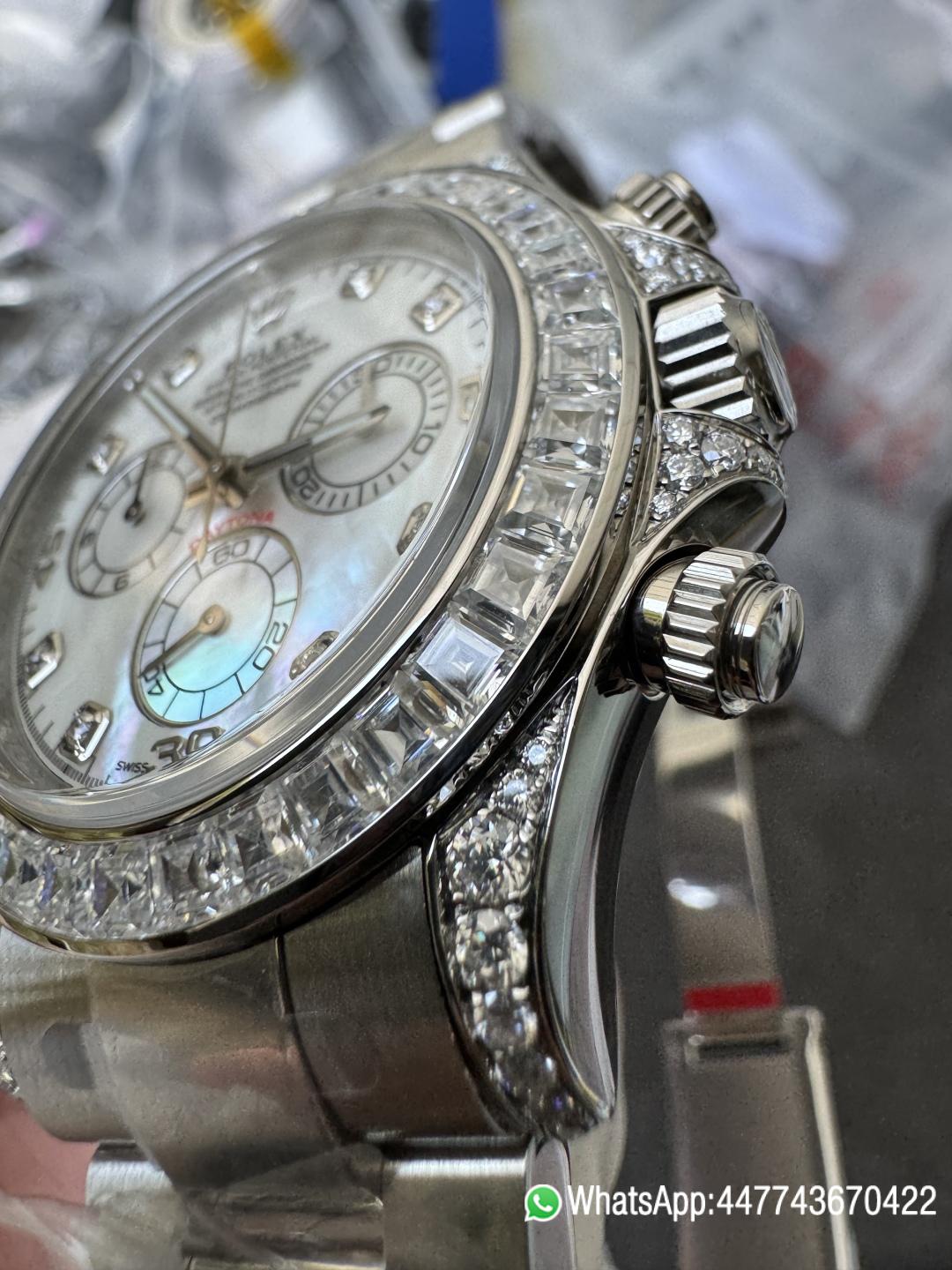 Premium Customized Daytona 116589 MOP Dial Diamonds Hour Markers Diamonds Case and Bezel Based on Victory Factory DD4130 Movement 07 Premium Customized Daytona 116589 MOP Dial Diamonds Hour Markers Diamonds Case and Bezel Based on Clean Factory DD4130 Movement 07