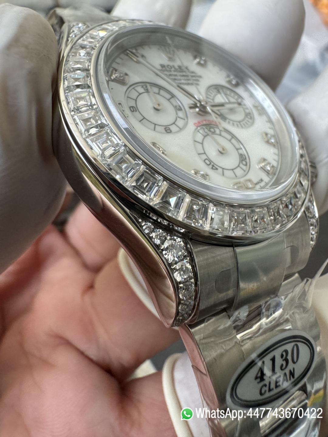 Premium Customized Daytona 116589 MOP Dial Diamonds Hour Markers Diamonds Case and Bezel Based on Victory Factory DD4130 Movement 08 Premium Customized Daytona 116589 MOP Dial Diamonds Hour Markers Diamonds Case and Bezel Based on Clean Factory DD4130 Movement 08