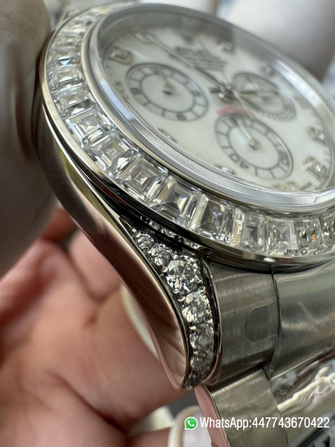 Premium Customized Daytona 116589 MOP Dial Diamonds Hour Markers Diamonds Case and Bezel Based on Victory Factory DD4130 Movement 09 Premium Customized Daytona 116589 MOP Dial Diamonds Hour Markers Diamonds Case and Bezel Based on Clean Factory DD4130 Movement 09
