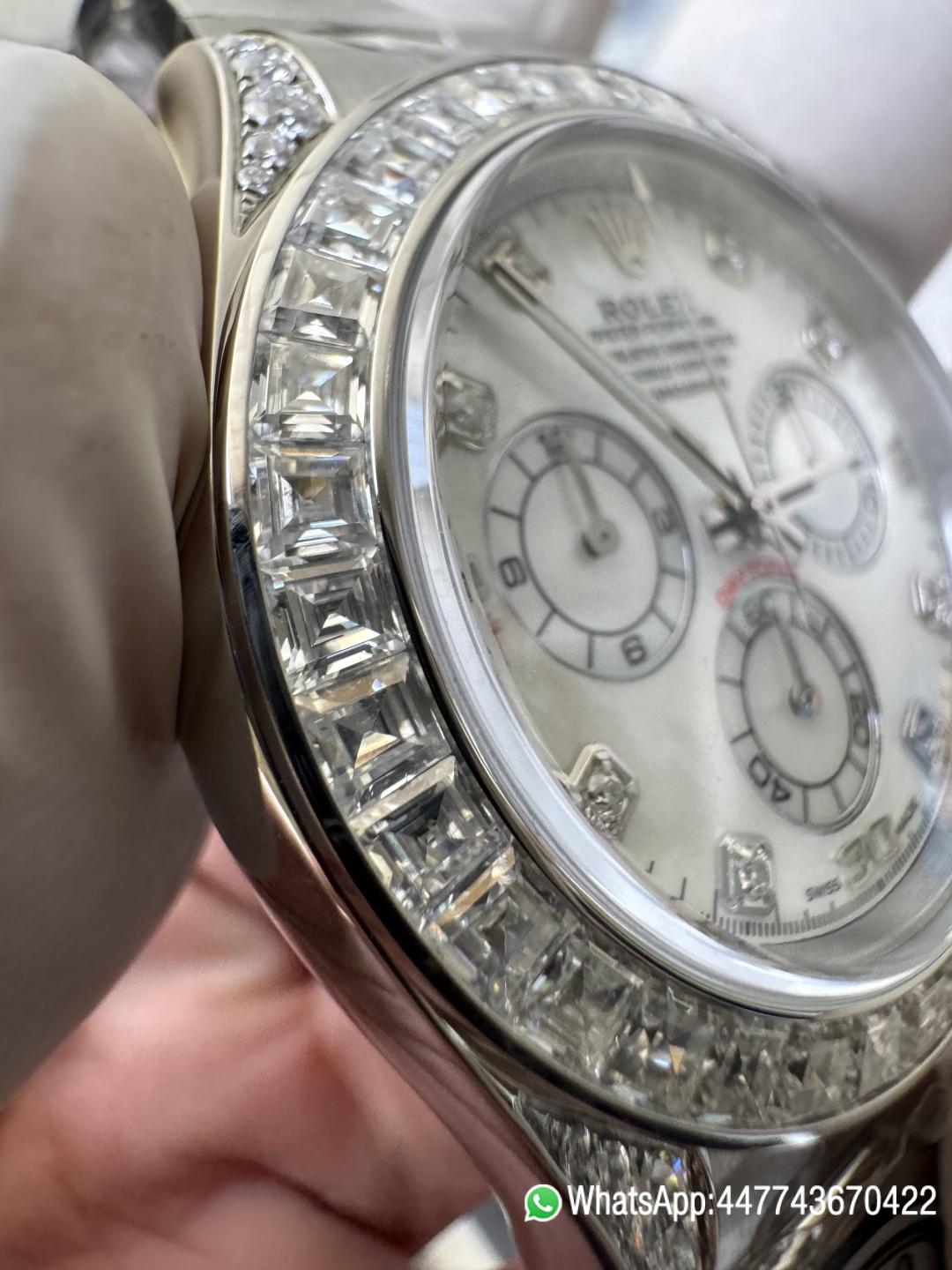 Premium Customized Daytona 116589 MOP Dial Diamonds Hour Markers Diamonds Case and Bezel Based on Victory Factory DD4130 Movement 10 Premium Customized Daytona 116589 MOP Dial Diamonds Hour Markers Diamonds Case and Bezel Based on Clean Factory DD4130 Movement 10