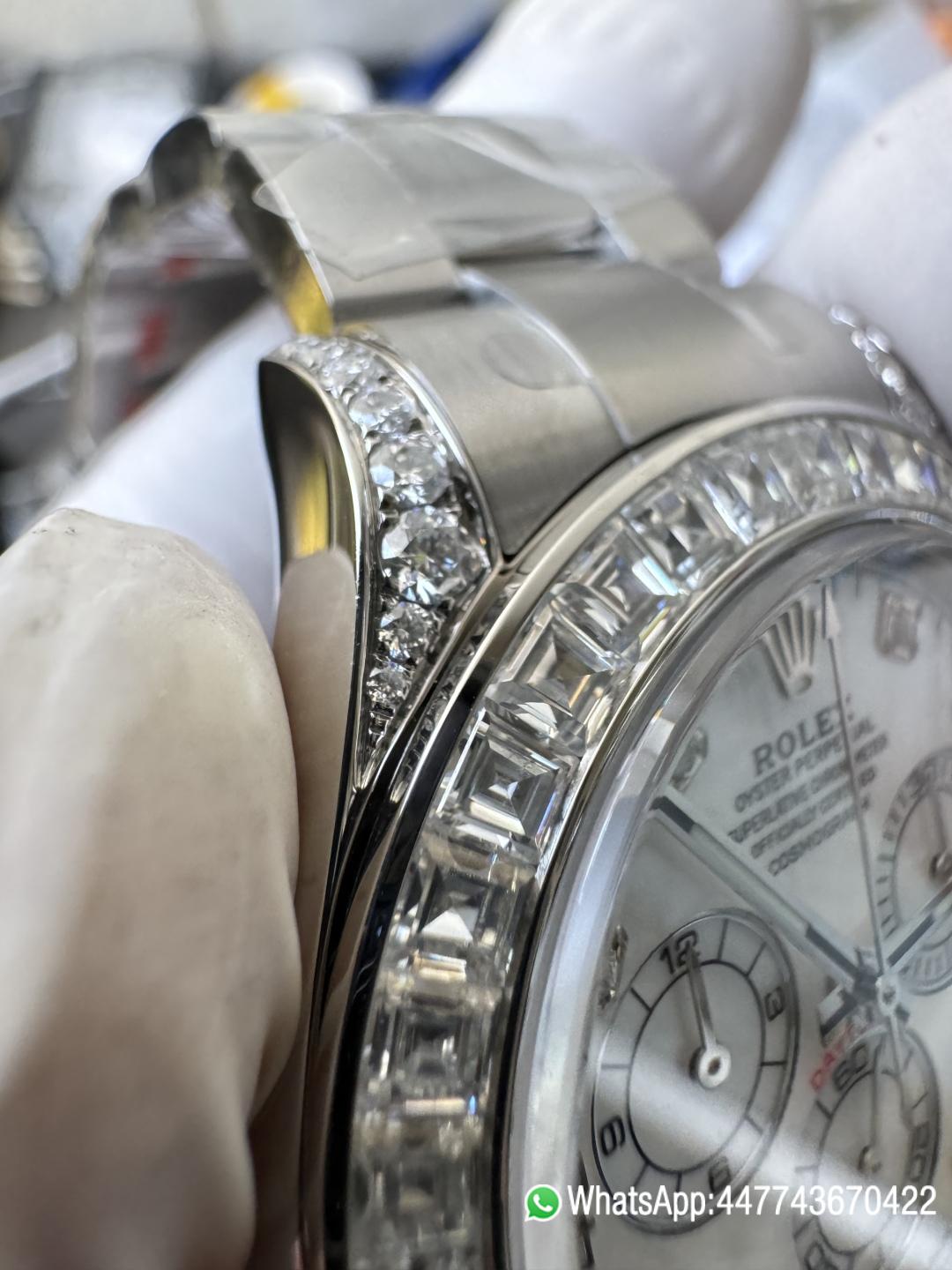 Premium Customized Daytona 116589 MOP Dial Diamonds Hour Markers Diamonds Case and Bezel Based on Victory Factory DD4130 Movement 11 Premium Customized Daytona 116589 MOP Dial Diamonds Hour Markers Diamonds Case and Bezel Based on Clean Factory DD4130 Movement 11