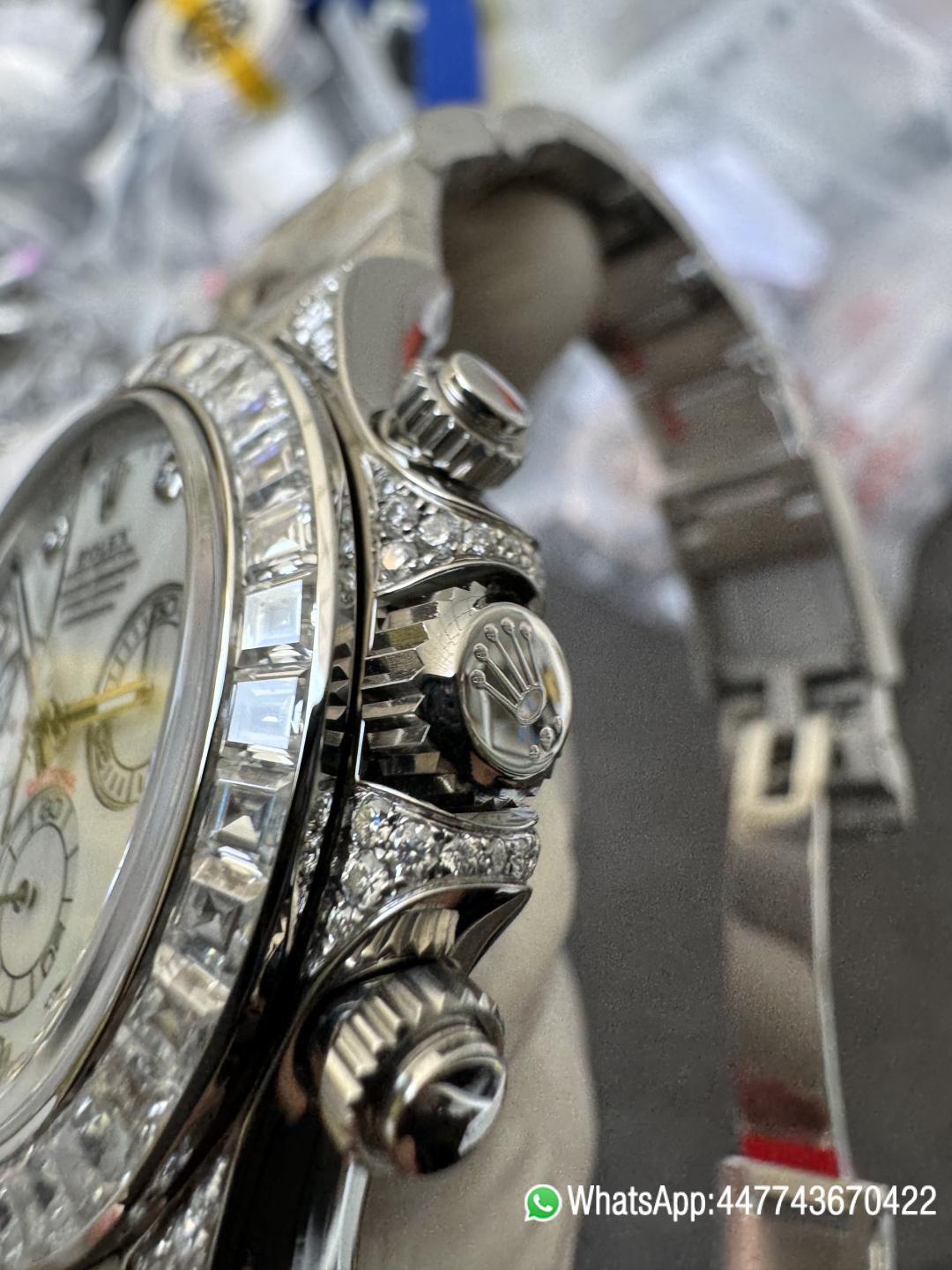 Premium Customized Daytona 116589 MOP Dial Diamonds Hour Markers Diamonds Case and Bezel Based on Victory Factory DD4130 Movement 13 Premium Customized Daytona 116589 MOP Dial Diamonds Hour Markers Diamonds Case and Bezel Based on Clean Factory DD4130 Movement 13