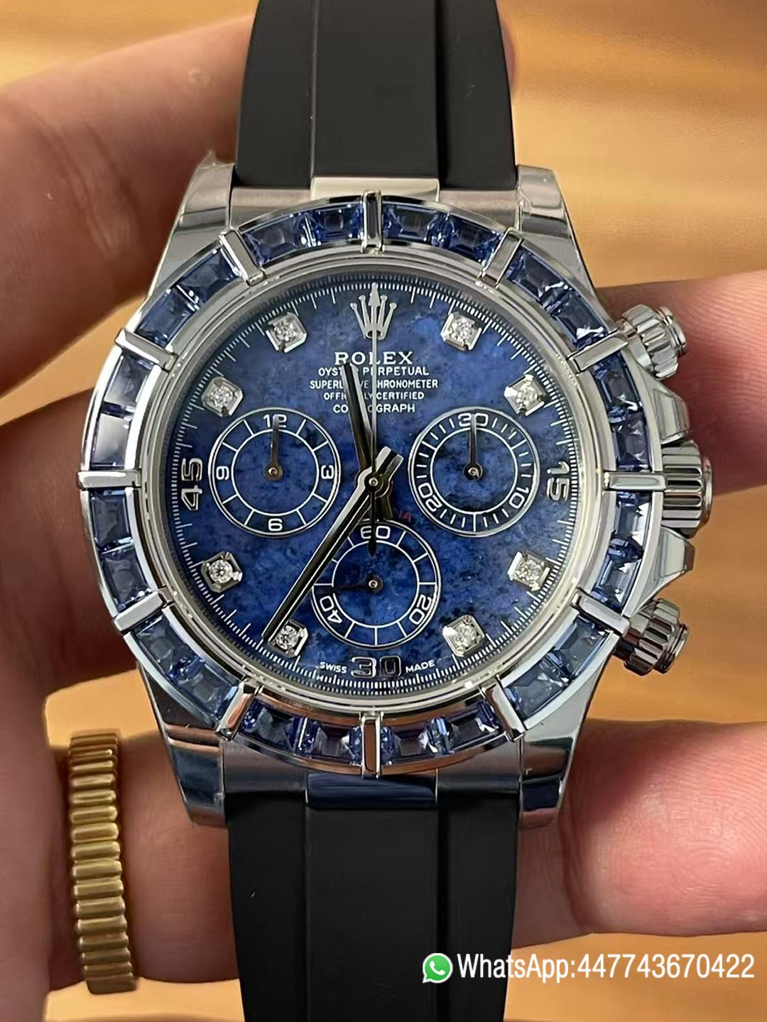 Premium Customized Rolex Daytona 116519 Sodalite Dial and Bezel Diamonds Indexes Based on Victory Factory Daytona DD4130 Movement Oysterflex Strap 00 Premium Customized Rolex Daytona 116519 Sodalite Dial and Bezel Diamonds Indexes Based on Clean Factory Daytona DD4130 Movement Oysterflex Strap 00