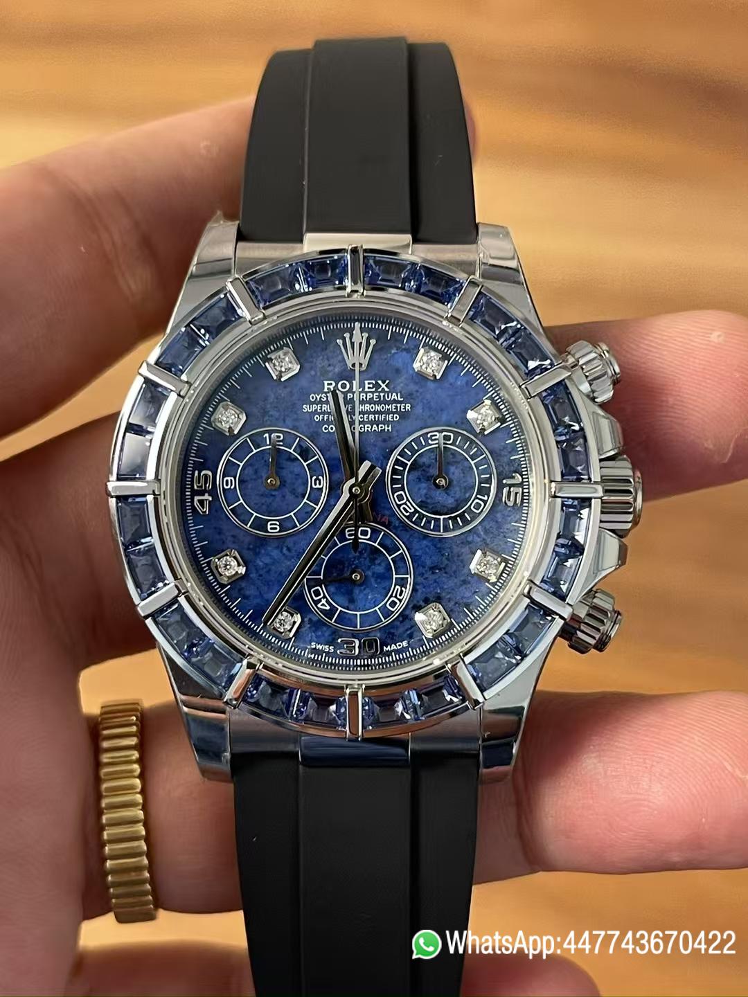 Premium Customized Rolex Daytona 116519 Sodalite Dial and Bezel Diamonds Indexes Based on Victory Factory Daytona DD4130 Movement Oysterflex Strap 01 Premium Customized Rolex Daytona 116519 Sodalite Dial and Bezel Diamonds Indexes Based on Clean Factory Daytona DD4130 Movement Oysterflex Strap 01