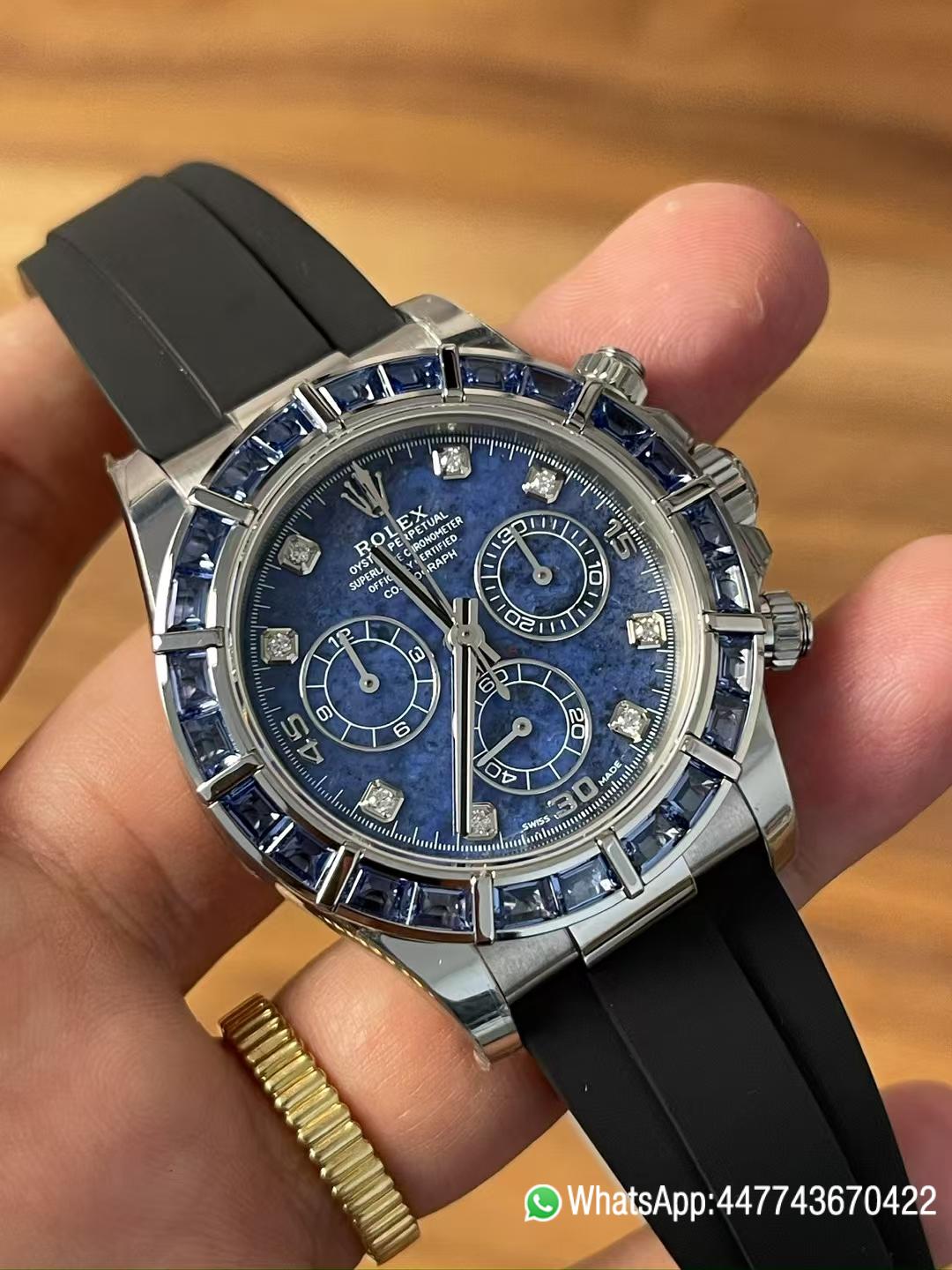 Premium Customized Rolex Daytona 116519 Sodalite Dial and Bezel Diamonds Indexes Based on Victory Factory Daytona DD4130 Movement Oysterflex Strap 02 Premium Customized Rolex Daytona 116519 Sodalite Dial and Bezel Diamonds Indexes Based on Clean Factory Daytona DD4130 Movement Oysterflex Strap 02
