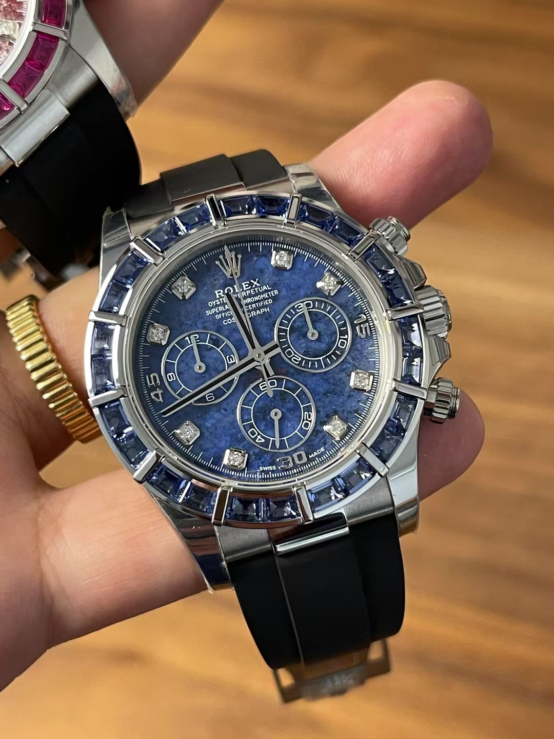 Premium Customized Rolex Daytona 116519 Sodalite Dial and Bezel Diamonds Indexes Based on Victory Factory Daytona DD4130 Movement Oysterflex Strap 04 Premium Customized Rolex Daytona 116519 Sodalite Dial and Bezel Diamonds Indexes Based on Clean Factory Daytona DD4130 Movement Oysterflex Strap 04