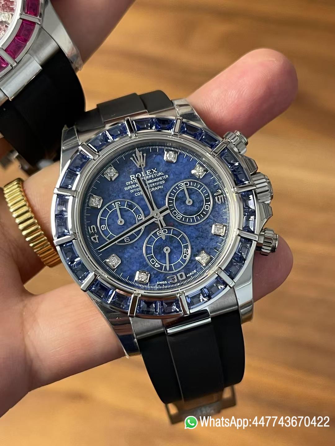 Premium Customized Rolex Daytona 116519 Sodalite Dial and Bezel Diamonds Indexes Based on Victory Factory Daytona DD4130 Movement Oysterflex Strap 04 Premium Customized Rolex Daytona 116519 Sodalite Dial and Bezel Diamonds Indexes Based on Clean Factory Daytona DD4130 Movement Oysterflex Strap 04