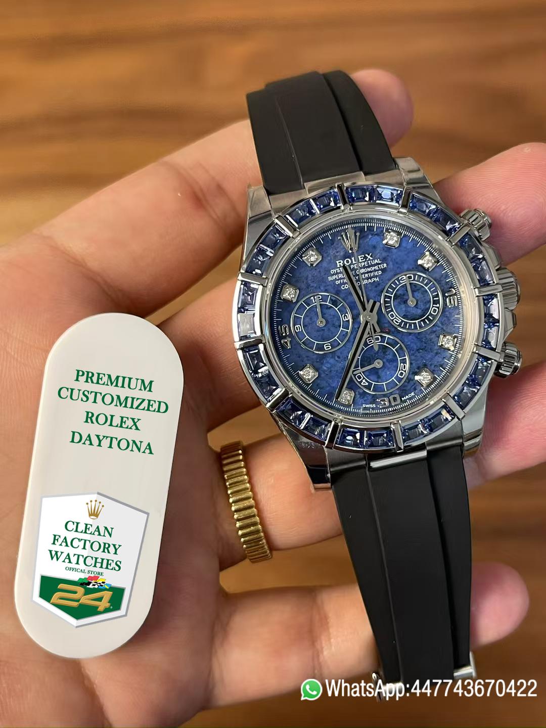 Premium Customized Rolex Daytona 116519 Sodalite Dial and Bezel Diamonds Indexes Based on Victory Factory Daytona DD4130 Movement Oysterflex Strap 05 Premium Customized Rolex Daytona 116519 Sodalite Dial and Bezel Diamonds Indexes Based on Clean Factory Daytona DD4130 Movement Oysterflex Strap 05