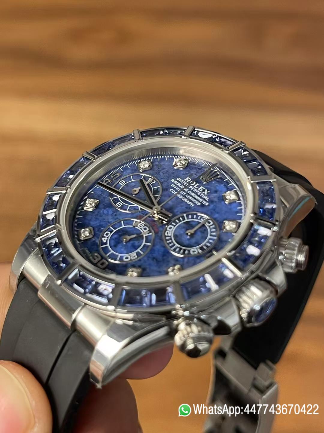 Premium Customized Rolex Daytona 116519 Sodalite Dial and Bezel Diamonds Indexes Based on Victory Factory Daytona DD4130 Movement Oysterflex Strap 06 01 Premium Customized Rolex Daytona 116519 Sodalite Dial and Bezel Diamonds Indexes Based on Clean Factory Daytona DD4130 Movement Oysterflex Strap 06 01