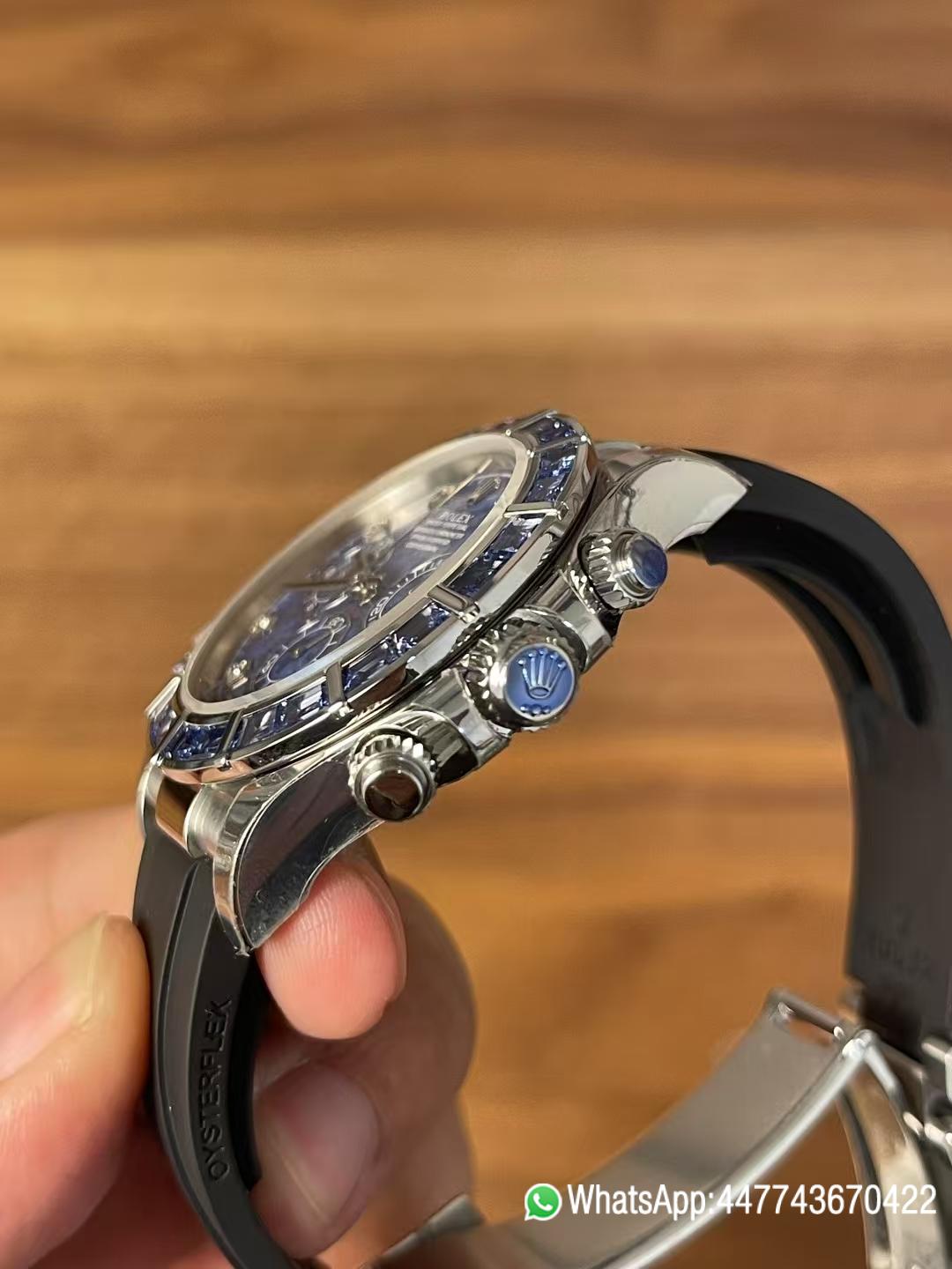 Premium Customized Rolex Daytona 116519 Sodalite Dial and Bezel Diamonds Indexes Based on Victory Factory Daytona DD4130 Movement Oysterflex Strap 06 02 Premium Customized Rolex Daytona 116519 Sodalite Dial and Bezel Diamonds Indexes Based on Clean Factory Daytona DD4130 Movement Oysterflex Strap 06 02