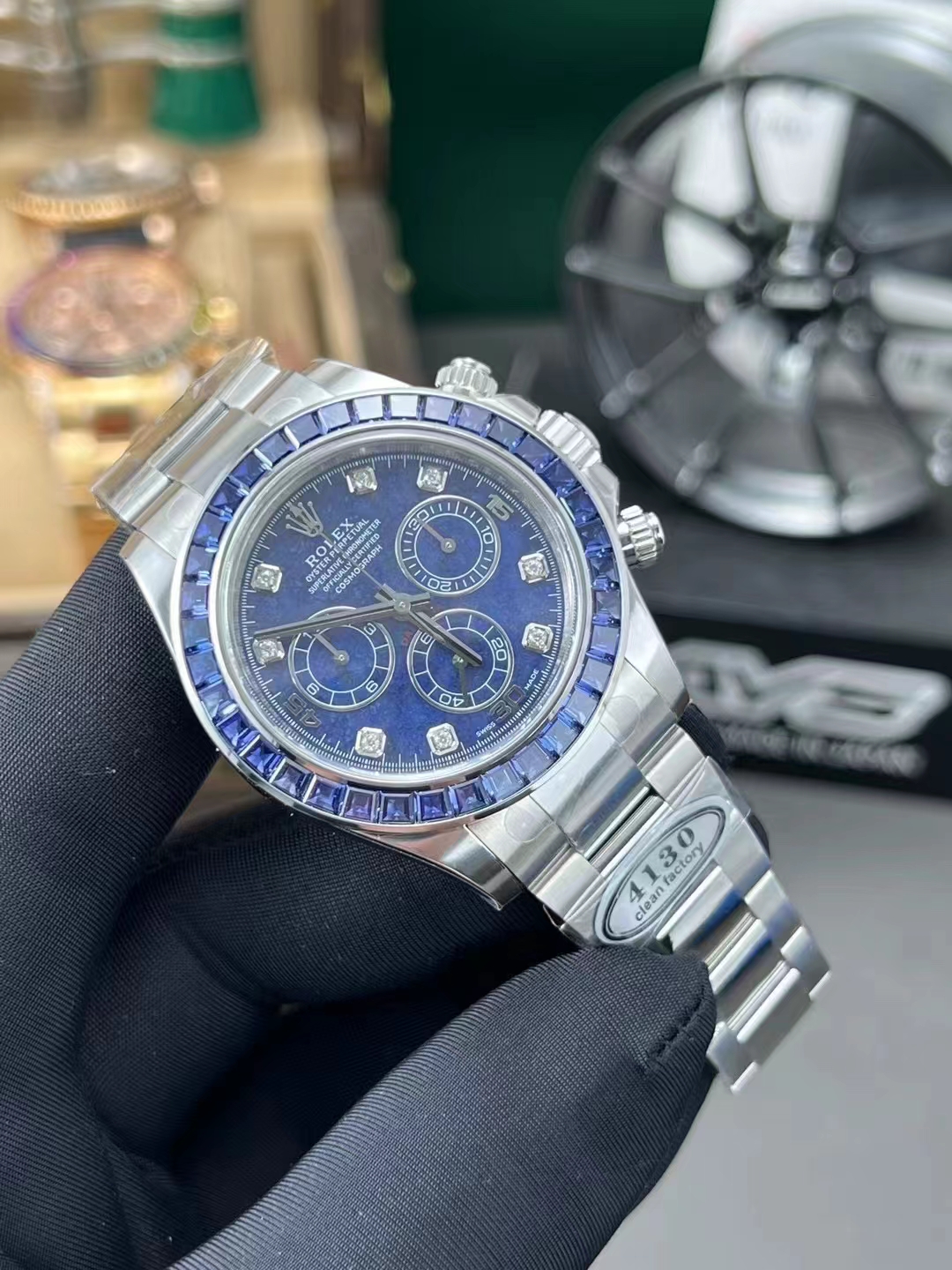 Premium Custom Daytona 116519 Blue Sodalite Dial Diamonds Bezel and Indexes Based on Victory Factory Daytona DD4130 Movement Oyster Bracelet 02 Premium Custom Daytona 116519 Blue Sodalite Dial Diamonds Bezel and Indexes Based on Clean Factory Daytona DD4130 Movement Oyster Bracelet 02