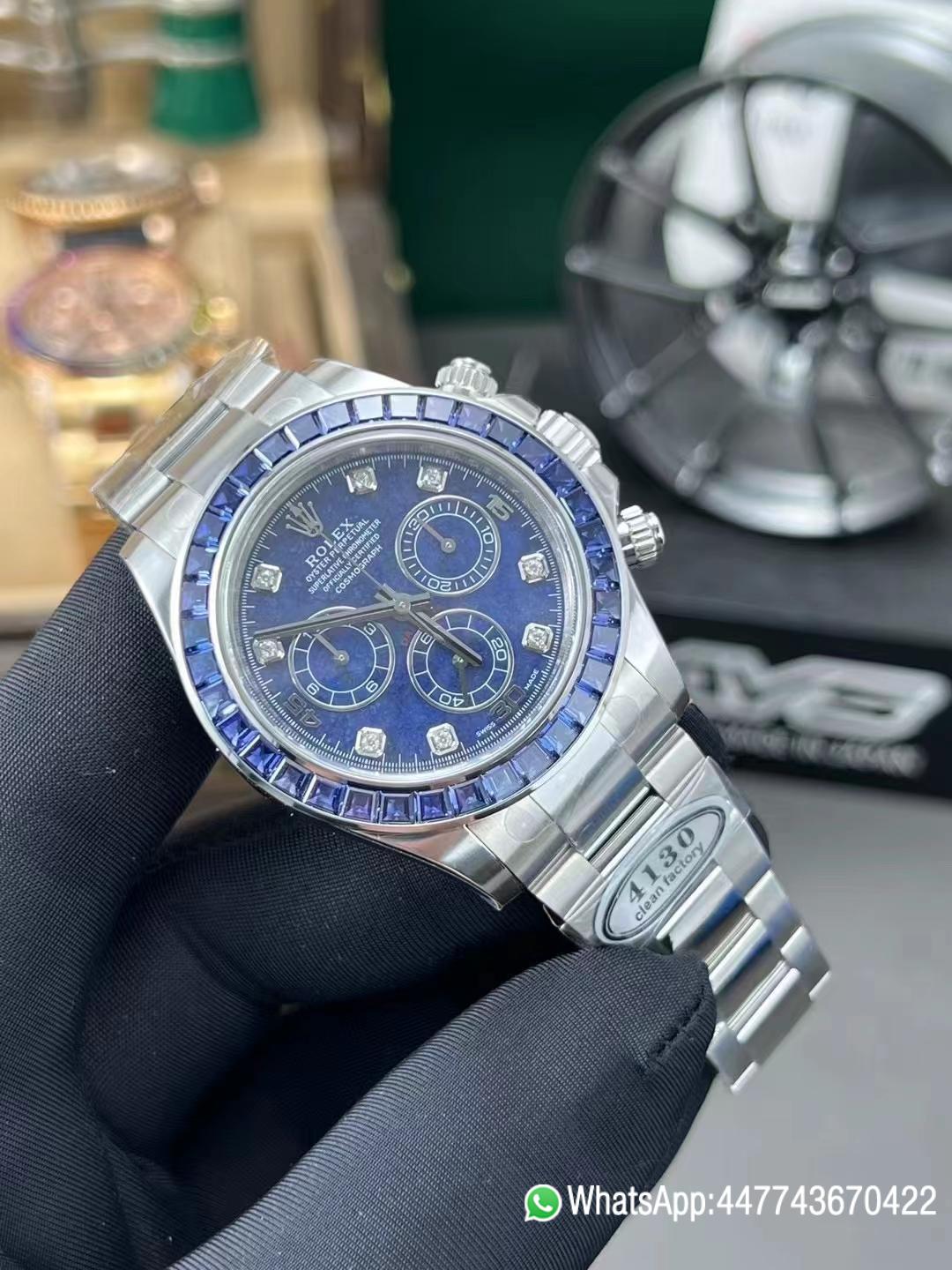 Premium Custom Daytona 116519 Blue Sodalite Dial Diamonds Bezel and Indexes Based on Victory Factory Daytona DD4130 Movement Oyster Bracelet 02 Premium Custom Daytona 116519 Blue Sodalite Dial Diamonds Bezel and Indexes Based on Clean Factory Daytona DD4130 Movement Oyster Bracelet 02