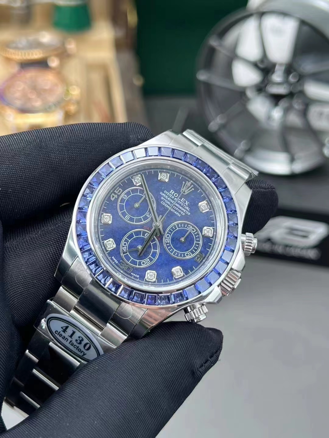 Premium Custom Daytona 116519 Blue Sodalite Dial Diamonds Bezel and Indexes Based on Victory Factory Daytona DD4130 Movement Oyster Bracelet 03 Premium Custom Daytona 116519 Blue Sodalite Dial Diamonds Bezel and Indexes Based on Clean Factory Daytona DD4130 Movement Oyster Bracelet 03