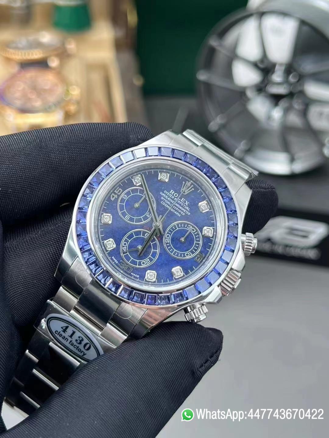 Premium Custom Daytona 116519 Blue Sodalite Dial Diamonds Bezel and Indexes Based on Victory Factory Daytona DD4130 Movement Oyster Bracelet 03 Premium Custom Daytona 116519 Blue Sodalite Dial Diamonds Bezel and Indexes Based on Clean Factory Daytona DD4130 Movement Oyster Bracelet 03
