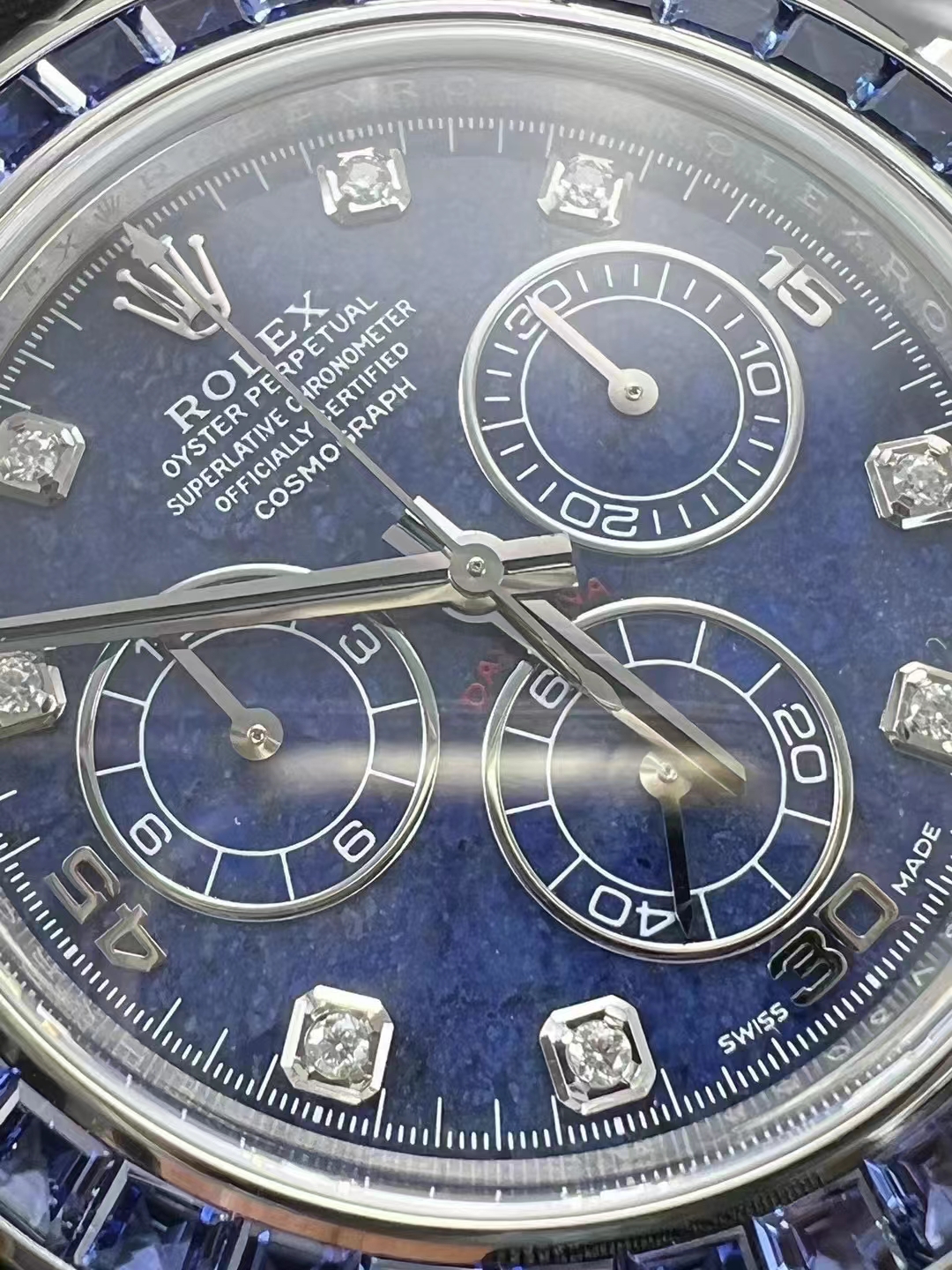 Premium Custom Daytona 116519 Blue Sodalite Dial Diamonds Bezel and Indexes Based on Victory Factory Daytona DD4130 Movement Oyster Bracelet 05 Premium Custom Daytona 116519 Blue Sodalite Dial Diamonds Bezel and Indexes Based on Clean Factory Daytona DD4130 Movement Oyster Bracelet 05
