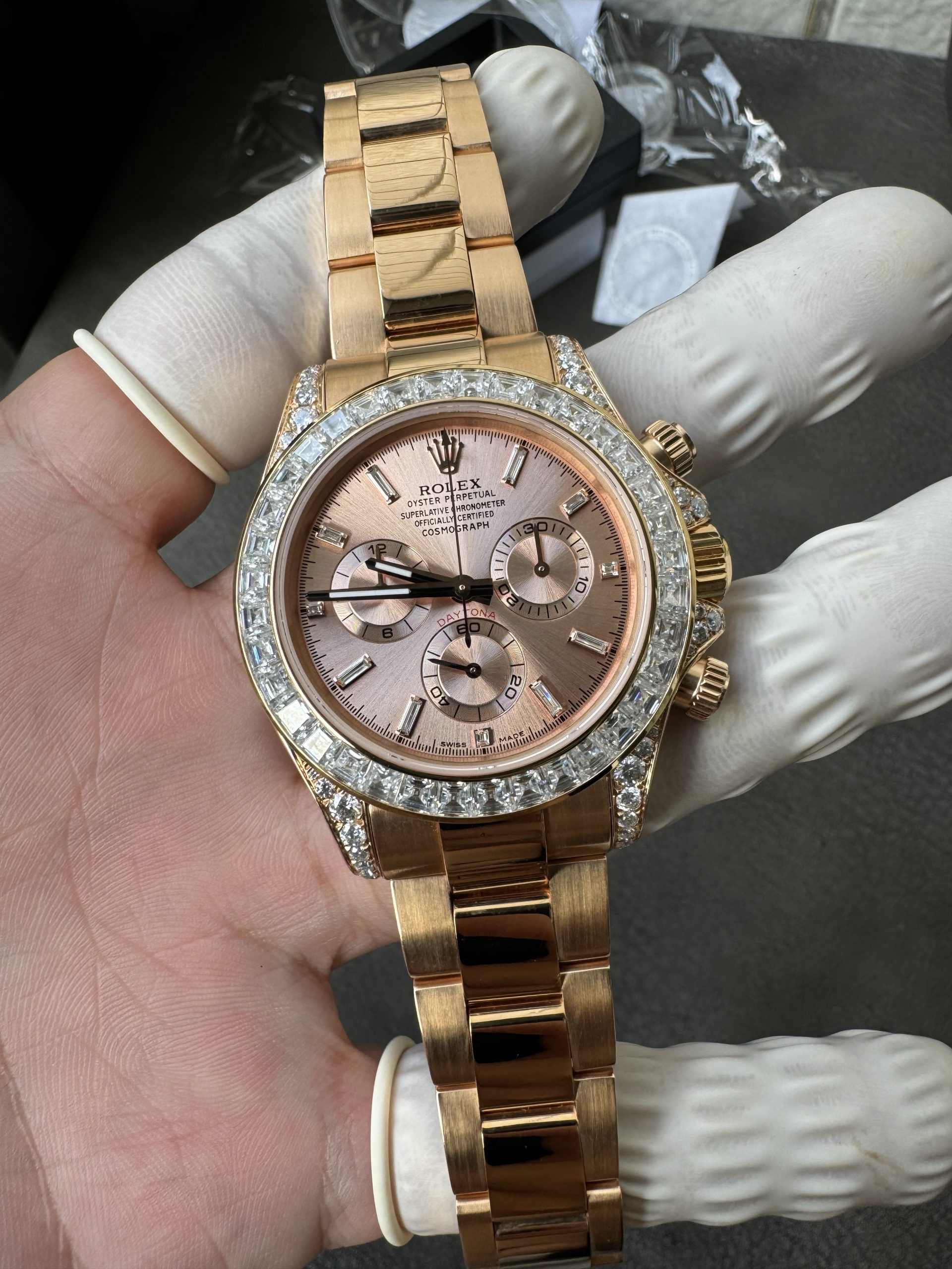 Victory Factory Rolex Custom SuperClone ICE Out Daytona 126595TBR Rose Gold Case Set with Diamonds Pink Dial with Diamond Indexs 4131 Movement 01 Clean Factory Rolex Custom SuperClone ICE Out Daytona 126595TBR Rose Gold Case Set with Diamonds Pink Dial with Diamond Indexs 4131 Movement 01