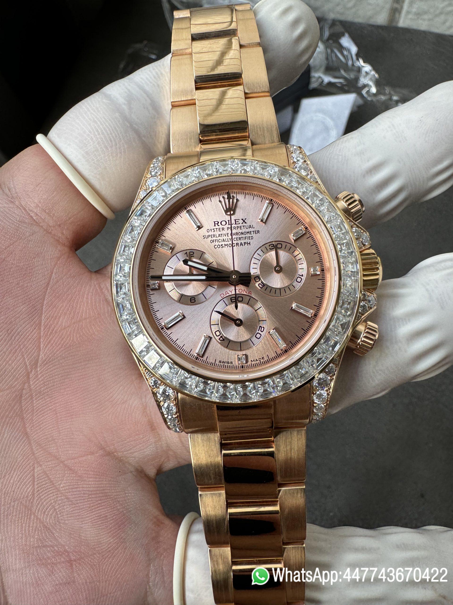 Victory Factory Rolex Custom SuperClone ICE Out Daytona 126595TBR Rose Gold Case Set with Diamonds Pink Dial with Diamond Indexs 4131 Movement 02 1 Clean Factory Rolex Custom SuperClone ICE Out Daytona 126595TBR Rose Gold Case Set with Diamonds Pink Dial with Diamond Indexs 4131 Movement 02 1