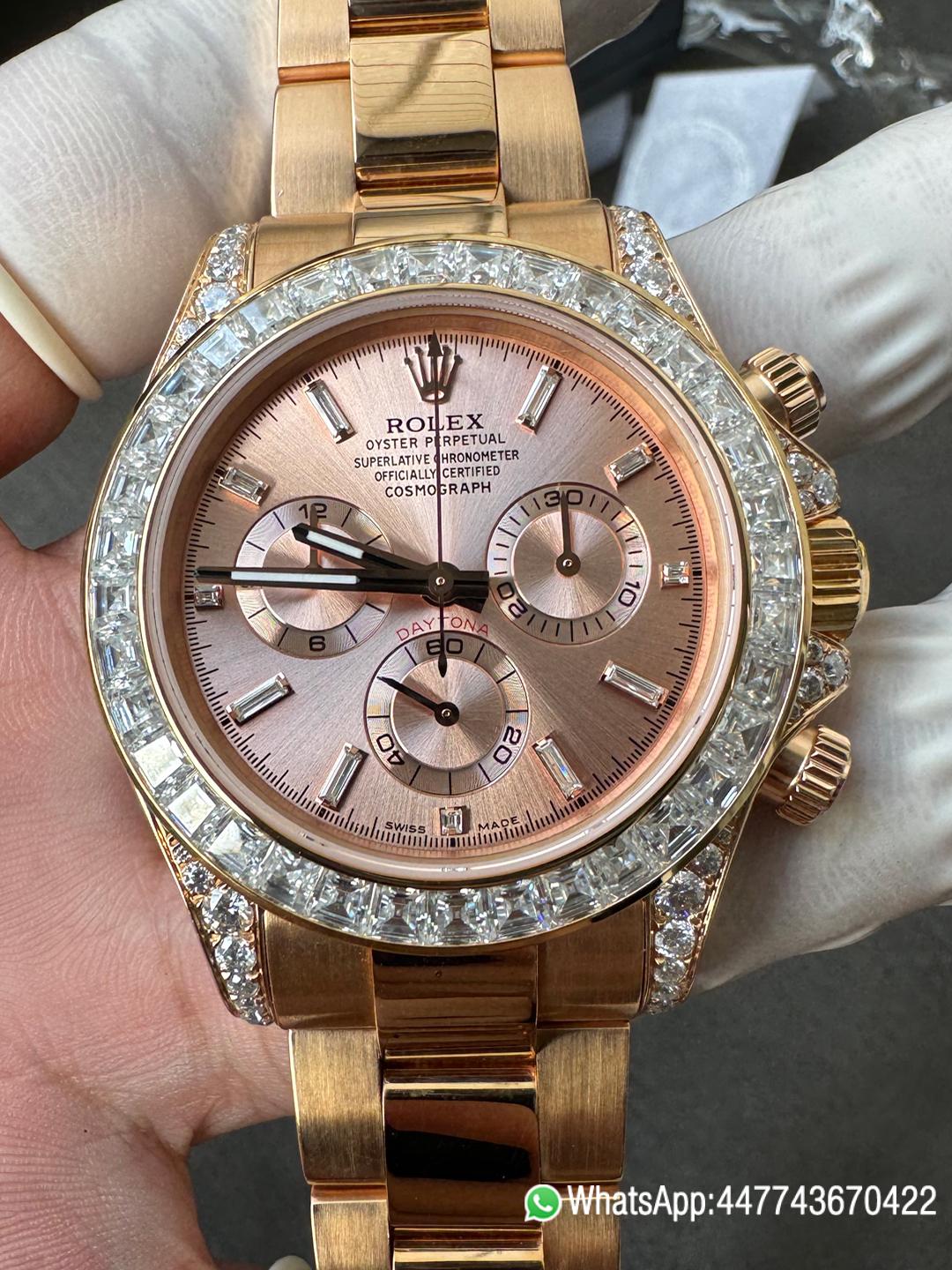 Victory Factory Rolex Custom SuperClone ICE Out Daytona 126595TBR Rose Gold Case Set with Diamonds Pink Dial with Diamond Indexs 4131 Movement 02 Clean Factory Rolex Custom SuperClone ICE Out Daytona 126595TBR Rose Gold Case Set with Diamonds Pink Dial with Diamond Indexs 4131 Movement 02