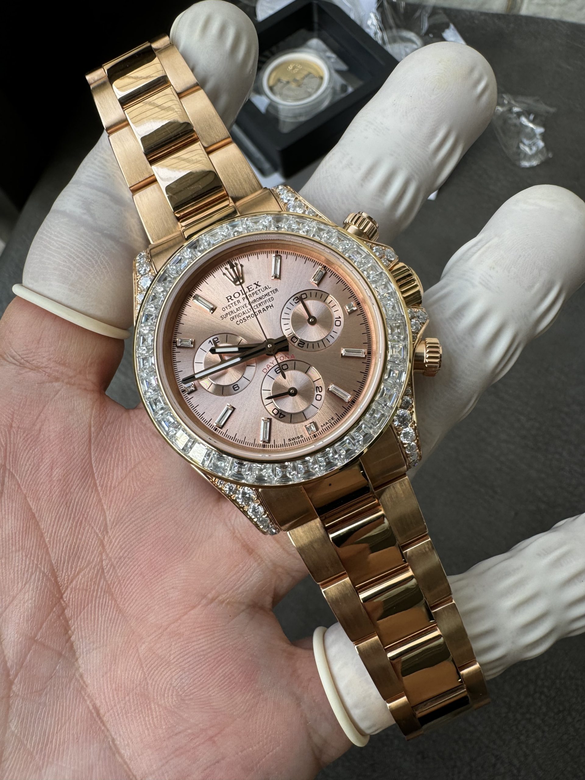 Victory Factory Rolex Custom SuperClone ICE Out Daytona 126595TBR Rose Gold Case Set with Diamonds Pink Dial with Diamond Indexs 4131 Movement 03 Clean Factory Rolex Custom SuperClone ICE Out Daytona 126595TBR Rose Gold Case Set with Diamonds Pink Dial with Diamond Indexs 4131 Movement 03