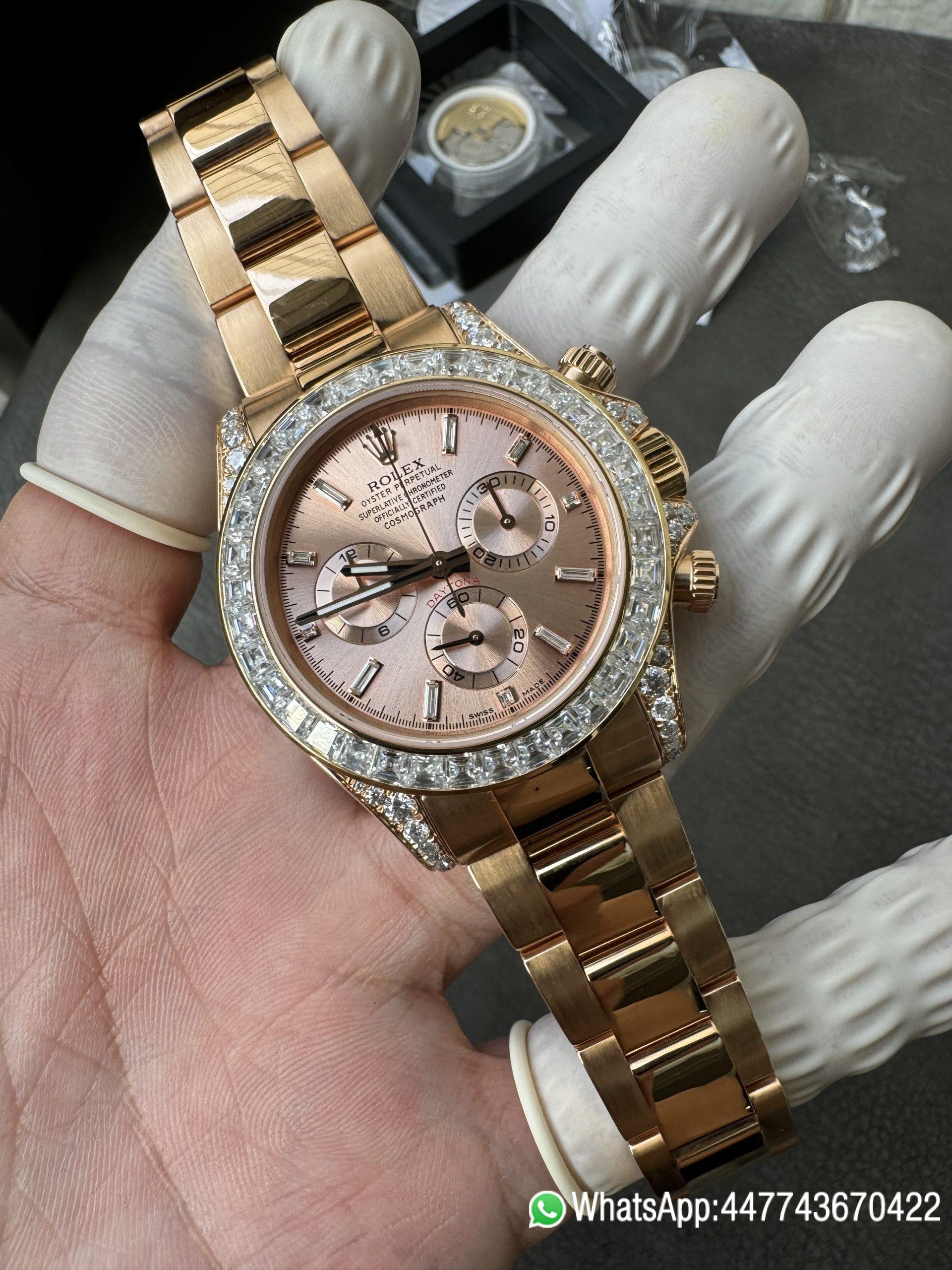 Victory Factory Rolex Custom SuperClone ICE Out Daytona 126595TBR Rose Gold Case Set with Diamonds Pink Dial with Diamond Indexs 4131 Movement 03 Clean Factory Rolex Custom SuperClone ICE Out Daytona 126595TBR Rose Gold Case Set with Diamonds Pink Dial with Diamond Indexs 4131 Movement 03