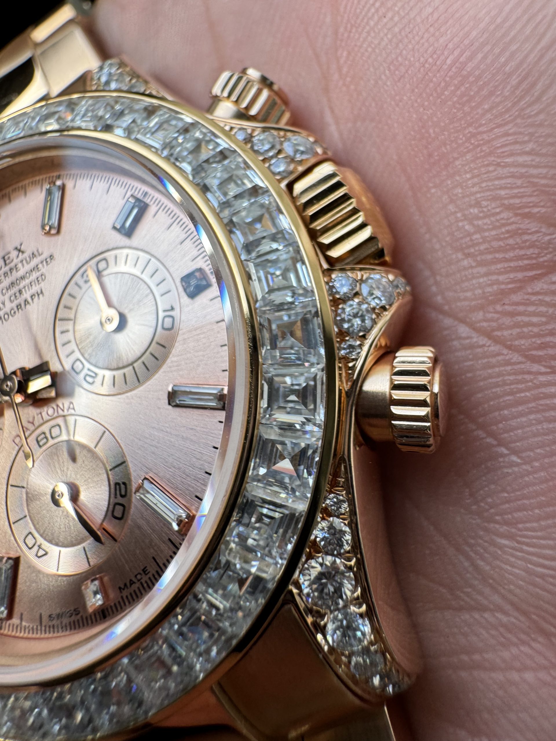 Victory Factory Rolex Custom SuperClone ICE Out Daytona 126595TBR Rose Gold Case Set with Diamonds Pink Dial with Diamond Indexs 4131 Movement 05 Clean Factory Rolex Custom SuperClone ICE Out Daytona 126595TBR Rose Gold Case Set with Diamonds Pink Dial with Diamond Indexs 4131 Movement 05