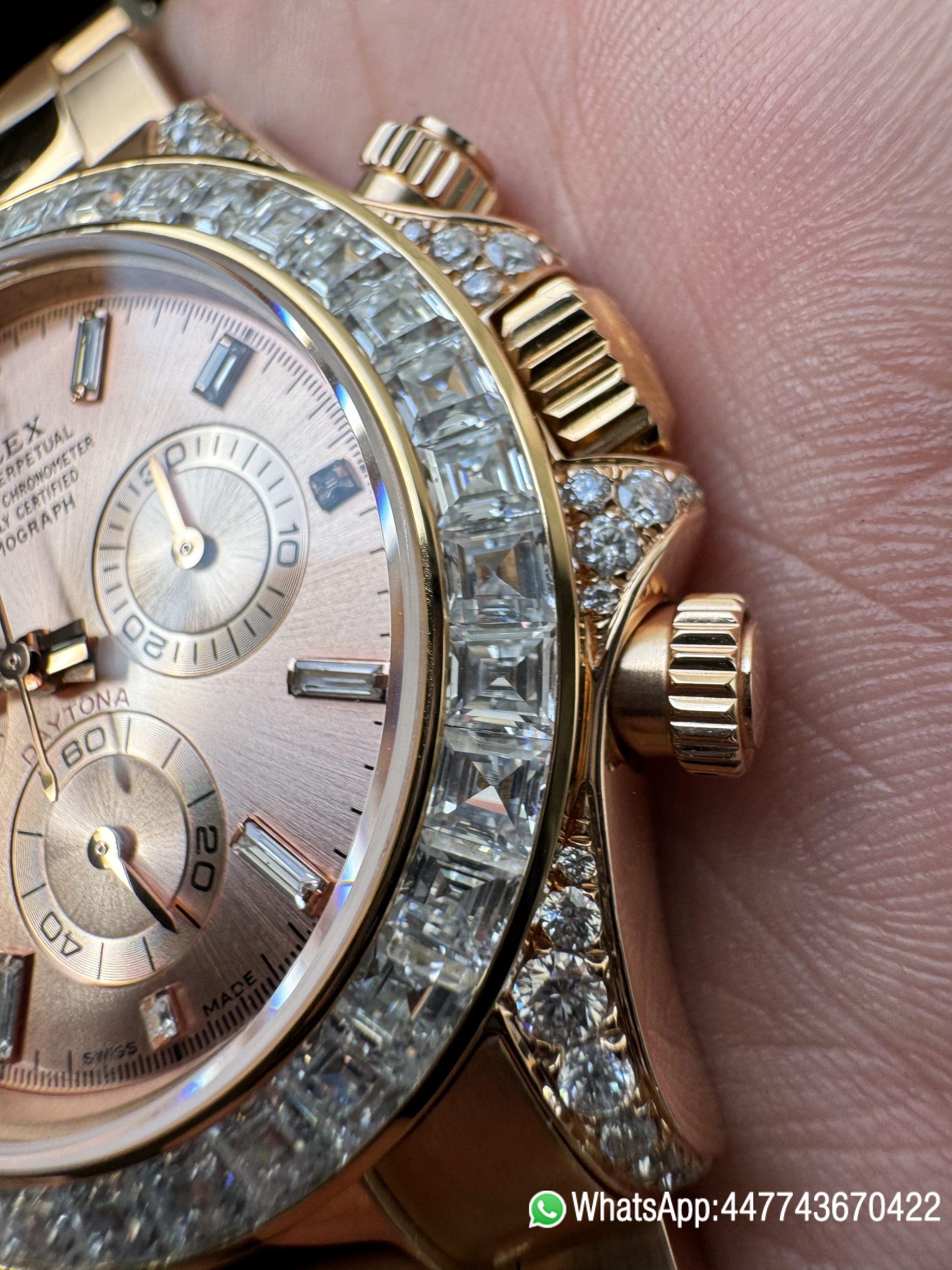 Victory Factory Rolex Custom SuperClone ICE Out Daytona 126595TBR Rose Gold Case Set with Diamonds Pink Dial with Diamond Indexs 4131 Movement 05 Clean Factory Rolex Custom SuperClone ICE Out Daytona 126595TBR Rose Gold Case Set with Diamonds Pink Dial with Diamond Indexs 4131 Movement 05