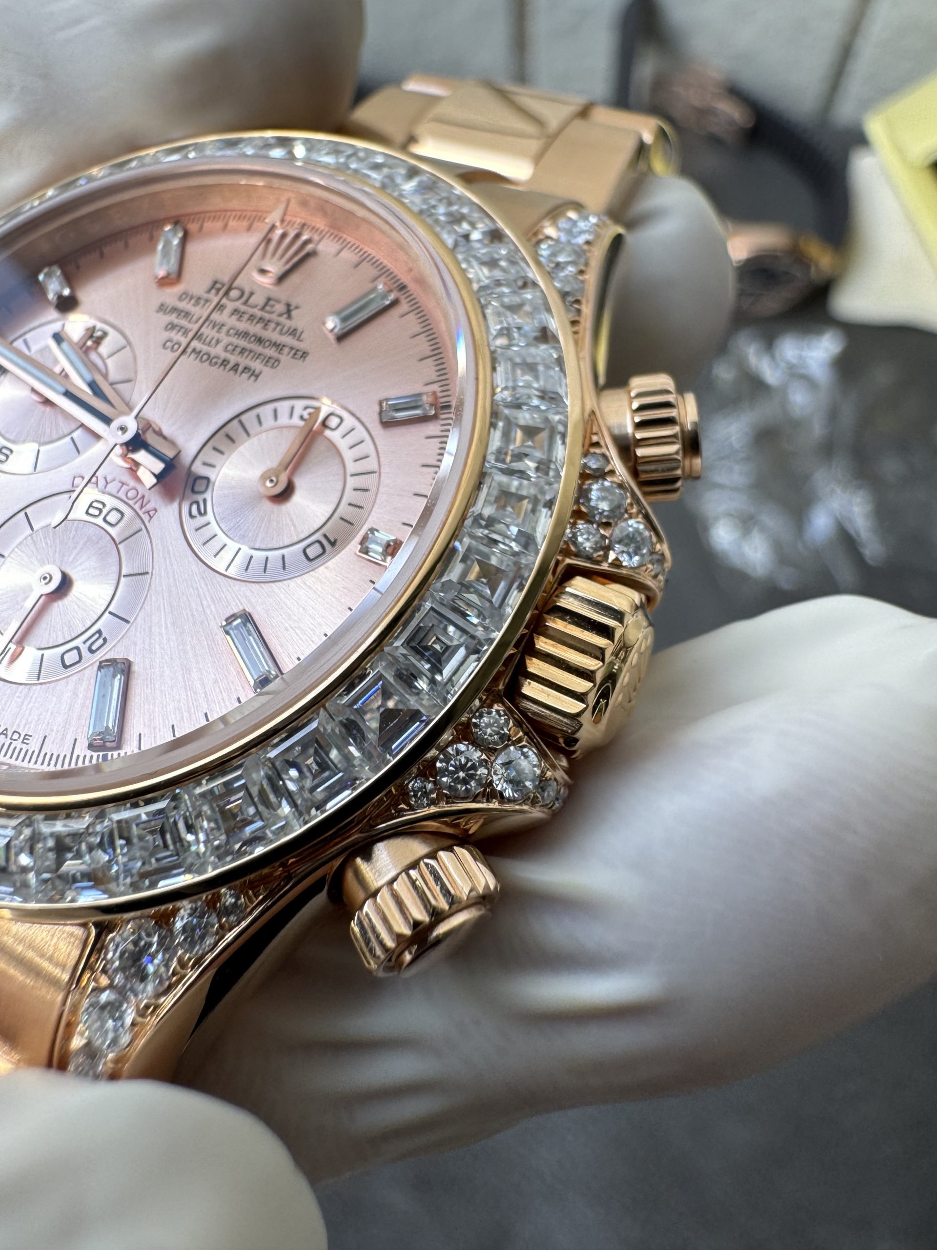 Victory Factory Rolex Custom SuperClone ICE Out Daytona 126595TBR Rose Gold Case Set with Diamonds Pink Dial with Diamond Indexs 4131 Movement 06 Clean Factory Rolex Custom SuperClone ICE Out Daytona 126595TBR Rose Gold Case Set with Diamonds Pink Dial with Diamond Indexs 4131 Movement 06
