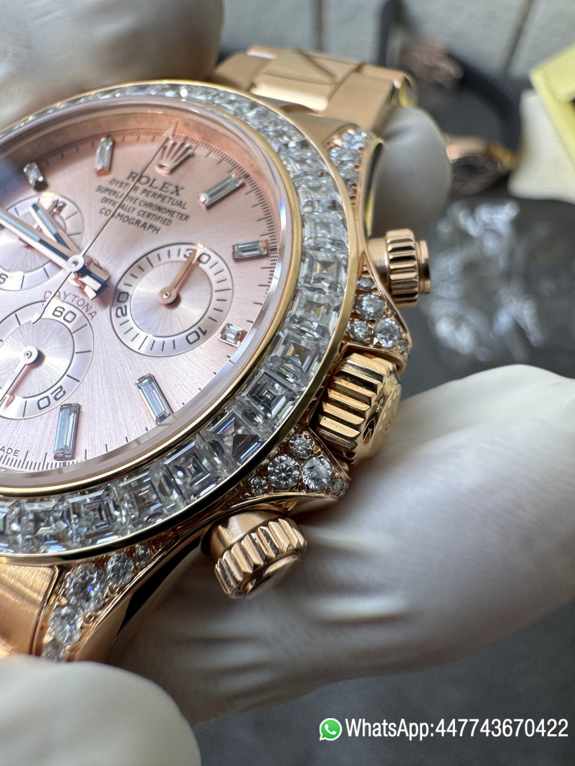 Victory Factory Rolex Custom SuperClone ICE Out Daytona 126595TBR Rose Gold Case Set with Diamonds Pink Dial with Diamond Indexs 4131 Movement 06 Clean Factory Rolex Custom SuperClone ICE Out Daytona 126595TBR Rose Gold Case Set with Diamonds Pink Dial with Diamond Indexs 4131 Movement 06