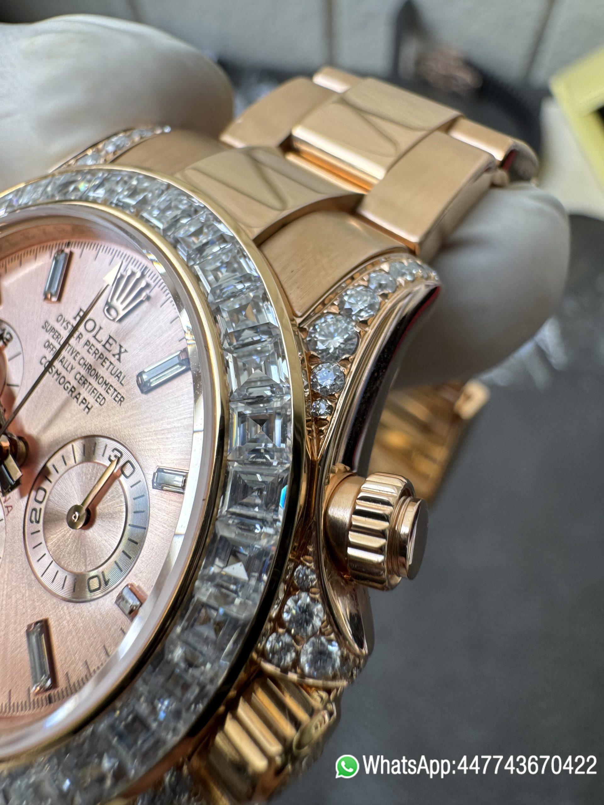 Victory Factory Rolex Custom SuperClone ICE Out Daytona 126595TBR Rose Gold Case Set with Diamonds Pink Dial with Diamond Indexs 4131 Movement 07 Clean Factory Rolex Custom SuperClone ICE Out Daytona 126595TBR Rose Gold Case Set with Diamonds Pink Dial with Diamond Indexs 4131 Movement 07