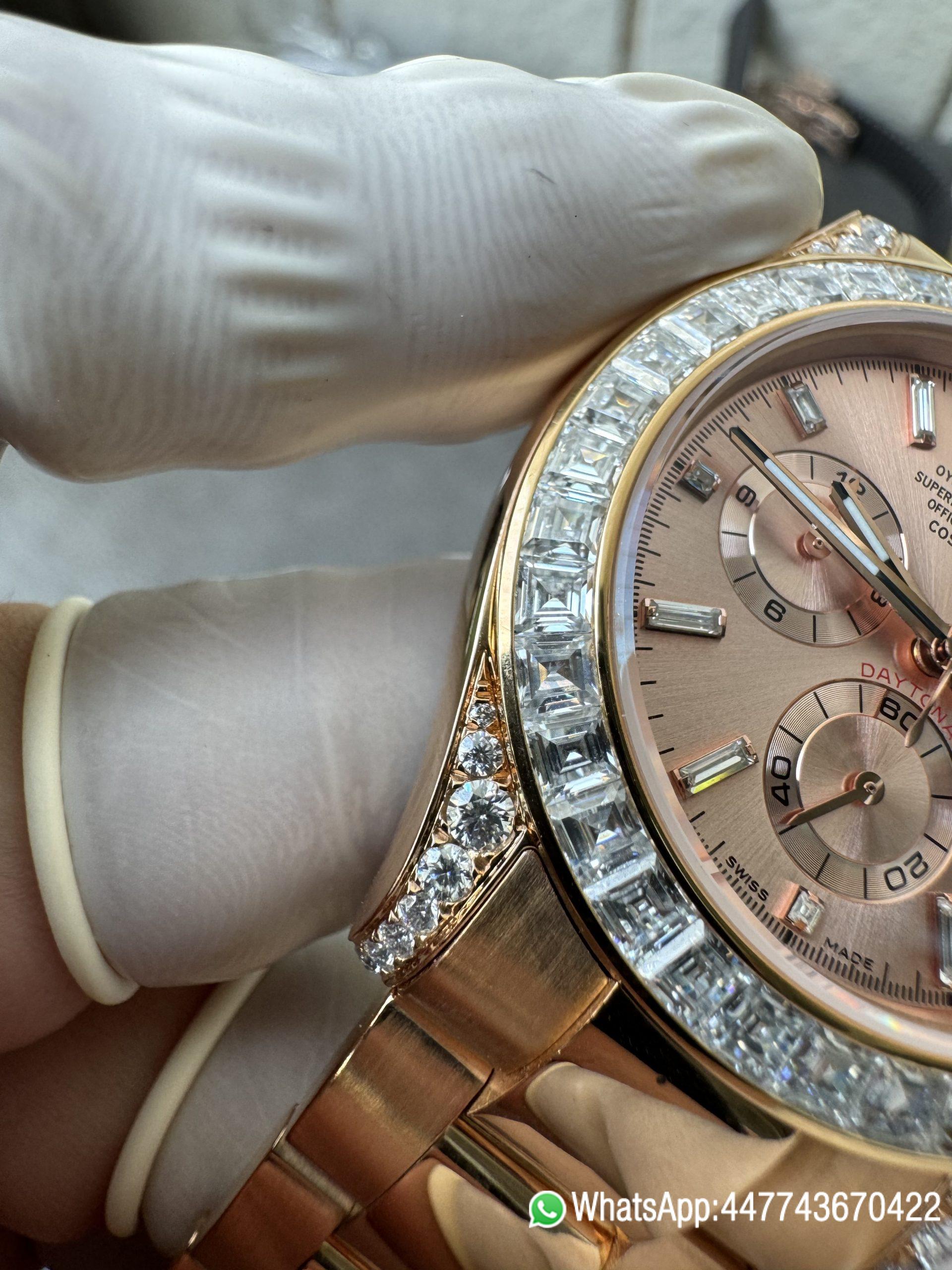 Victory Factory Rolex Custom SuperClone ICE Out Daytona 126595TBR Rose Gold Case Set with Diamonds Pink Dial with Diamond Indexs 4131 Movement 08 Clean Factory Rolex Custom SuperClone ICE Out Daytona 126595TBR Rose Gold Case Set with Diamonds Pink Dial with Diamond Indexs 4131 Movement 08
