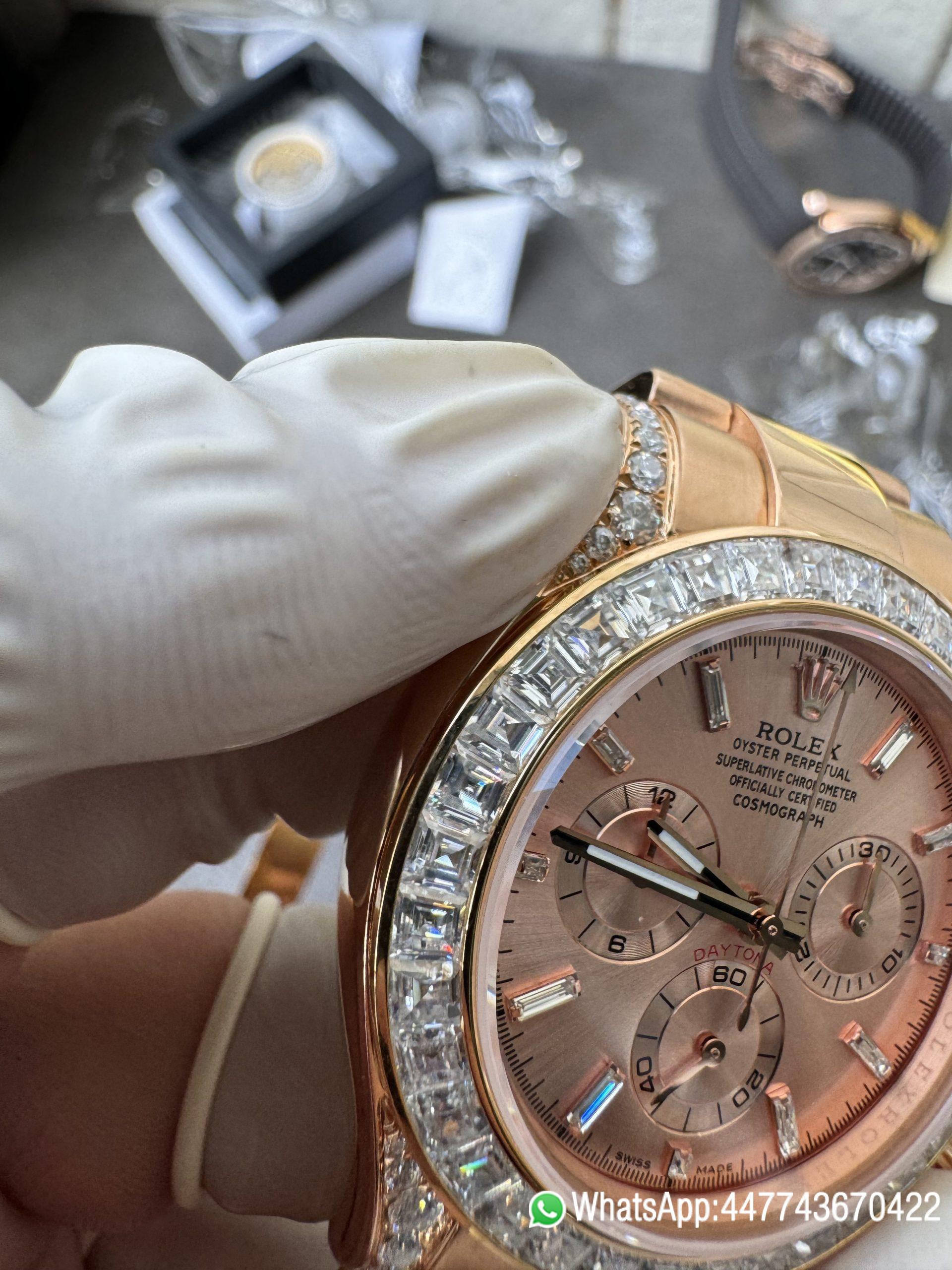 Victory Factory Rolex Custom SuperClone ICE Out Daytona 126595TBR Rose Gold Case Set with Diamonds Pink Dial with Diamond Indexs 4131 Movement 09 Clean Factory Rolex Custom SuperClone ICE Out Daytona 126595TBR Rose Gold Case Set with Diamonds Pink Dial with Diamond Indexs 4131 Movement 09