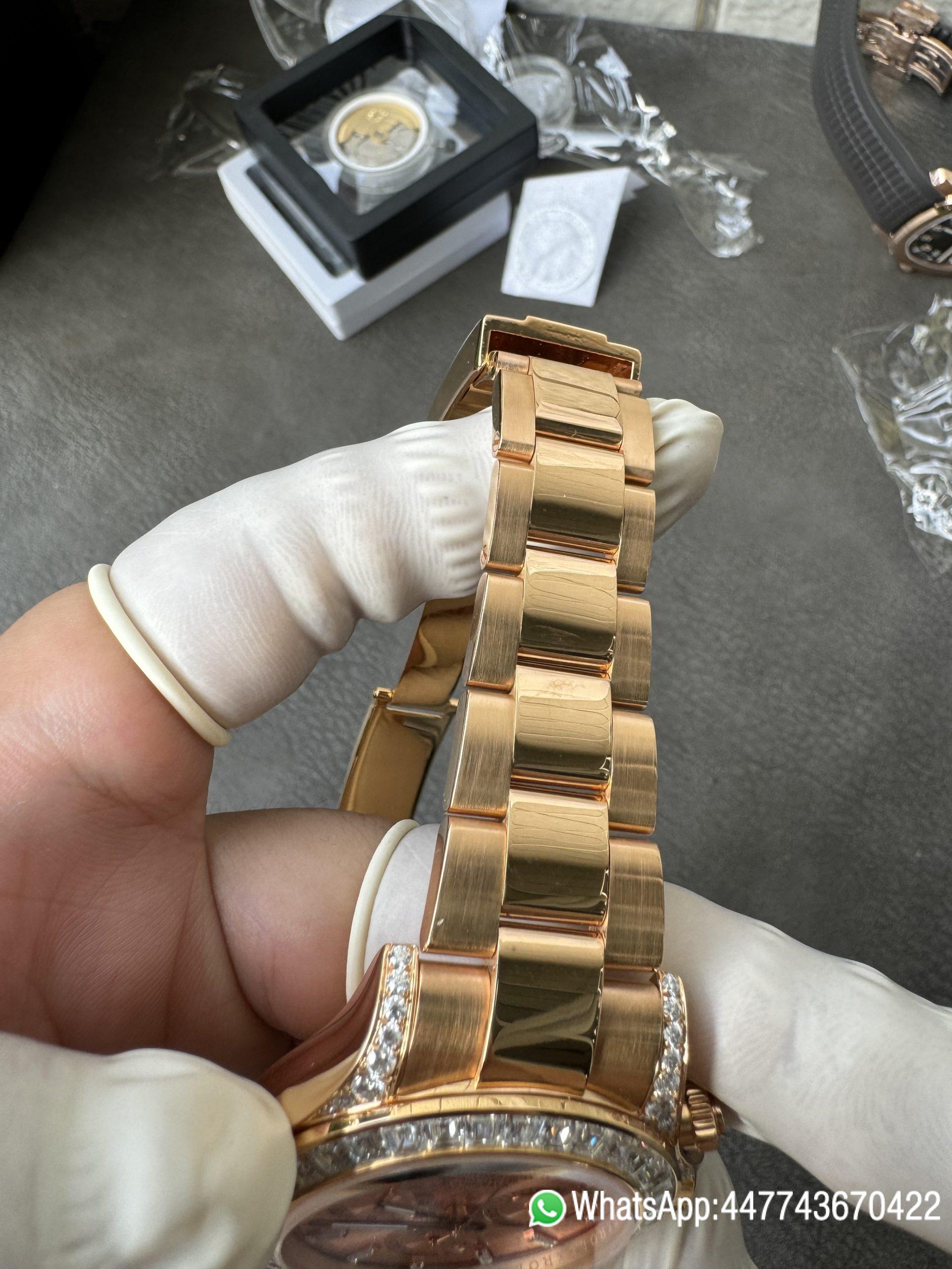 Victory Factory Rolex Custom SuperClone ICE Out Daytona 126595TBR Rose Gold Case Set with Diamonds Pink Dial with Diamond Indexs 4131 Movement 11 Clean Factory Rolex Custom SuperClone ICE Out Daytona 126595TBR Rose Gold Case Set with Diamonds Pink Dial with Diamond Indexs 4131 Movement 11