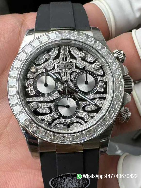 Victory Factory Daytona Eye of the Tiger 116589TBR Wrapped Platinum 40mm Black Diamond Motif Dial Baguette Bezel Oysterflex Strap DD4131 Movement 000 Clean Factory Daytona Eye of the Tiger 116589TBR Wrapped Platinum 40mm Black Diamond Motif Dial Baguette Bezel Oysterflex Strap DD4131 Movement 000
