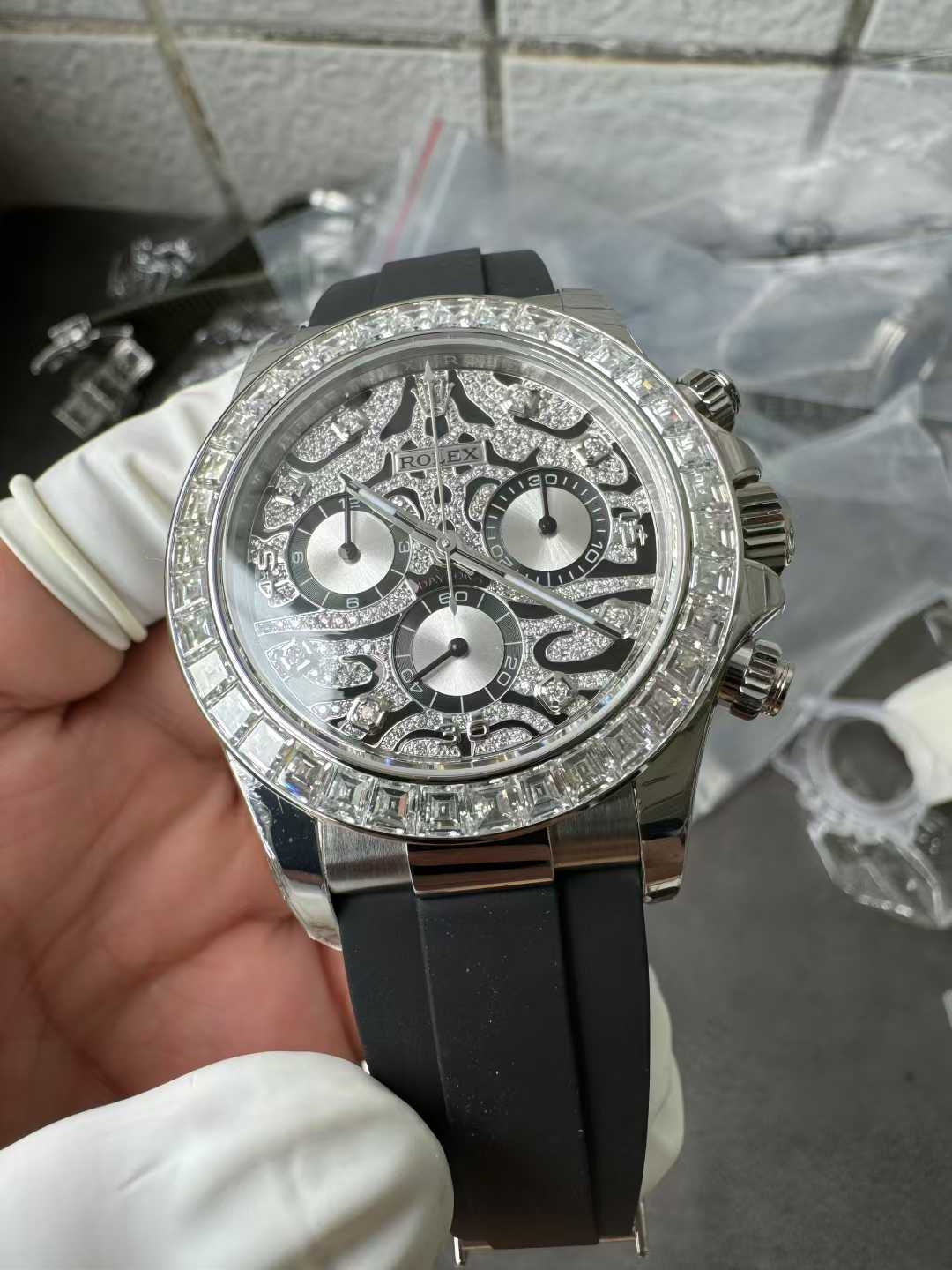 Victory Factory Daytona Eye of the Tiger 116589TBR Wrapped Platinum 40mm Black Diamond Motif Dial Baguette Bezel Oysterflex Strap DD4131 Movement 04 Clean Factory Daytona Eye of the Tiger 116589TBR Wrapped Platinum 40mm Black Diamond Motif Dial Baguette Bezel Oysterflex Strap DD4131 Movement 04