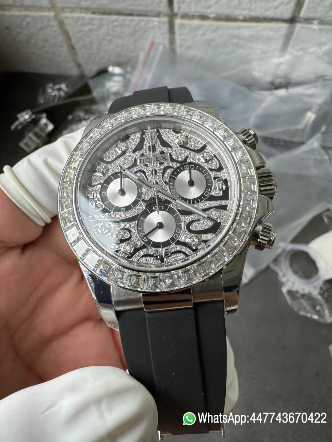 Victory Factory Daytona Eye of the Tiger 116589TBR Wrapped Platinum 40mm Black Diamond Motif Dial Baguette Bezel Oysterflex Strap DD4131 Movement 04 Clean Factory Daytona Eye of the Tiger 116589TBR Wrapped Platinum 40mm Black Diamond Motif Dial Baguette Bezel Oysterflex Strap DD4131 Movement 04