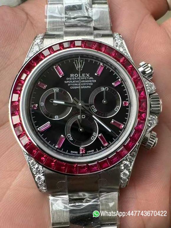 Victory Factory Watch Rolex Ruby Daytona 126599TRU Black Dial Baguette Ruby Bezel TRU Daytona Gem Set DanDong 4131 Movement 00 Clean Factory Watch Rolex Ruby Daytona 126599TRU Black Dial Baguette Ruby Bezel TRU Daytona Gem Set DanDong 4131 Movement 00