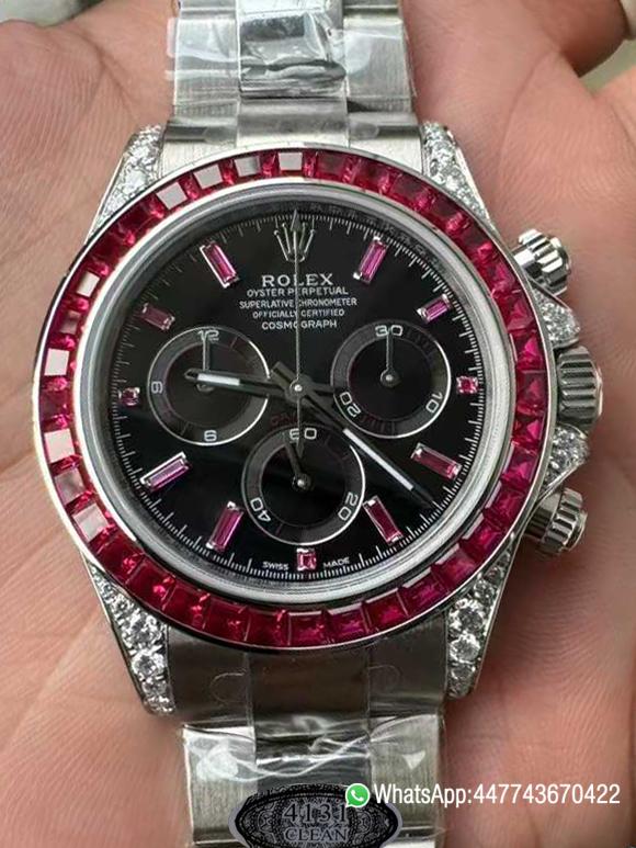 Victory Factory Watch Rolex Ruby Daytona 126599TRU Black Dial Baguette Ruby Bezel TRU Daytona Gem Set DanDong 4131 Movement 000 Clean Factory Watch Rolex Ruby Daytona 126599TRU Black Dial Baguette Ruby Bezel TRU Daytona Gem Set DanDong 4131 Movement 000