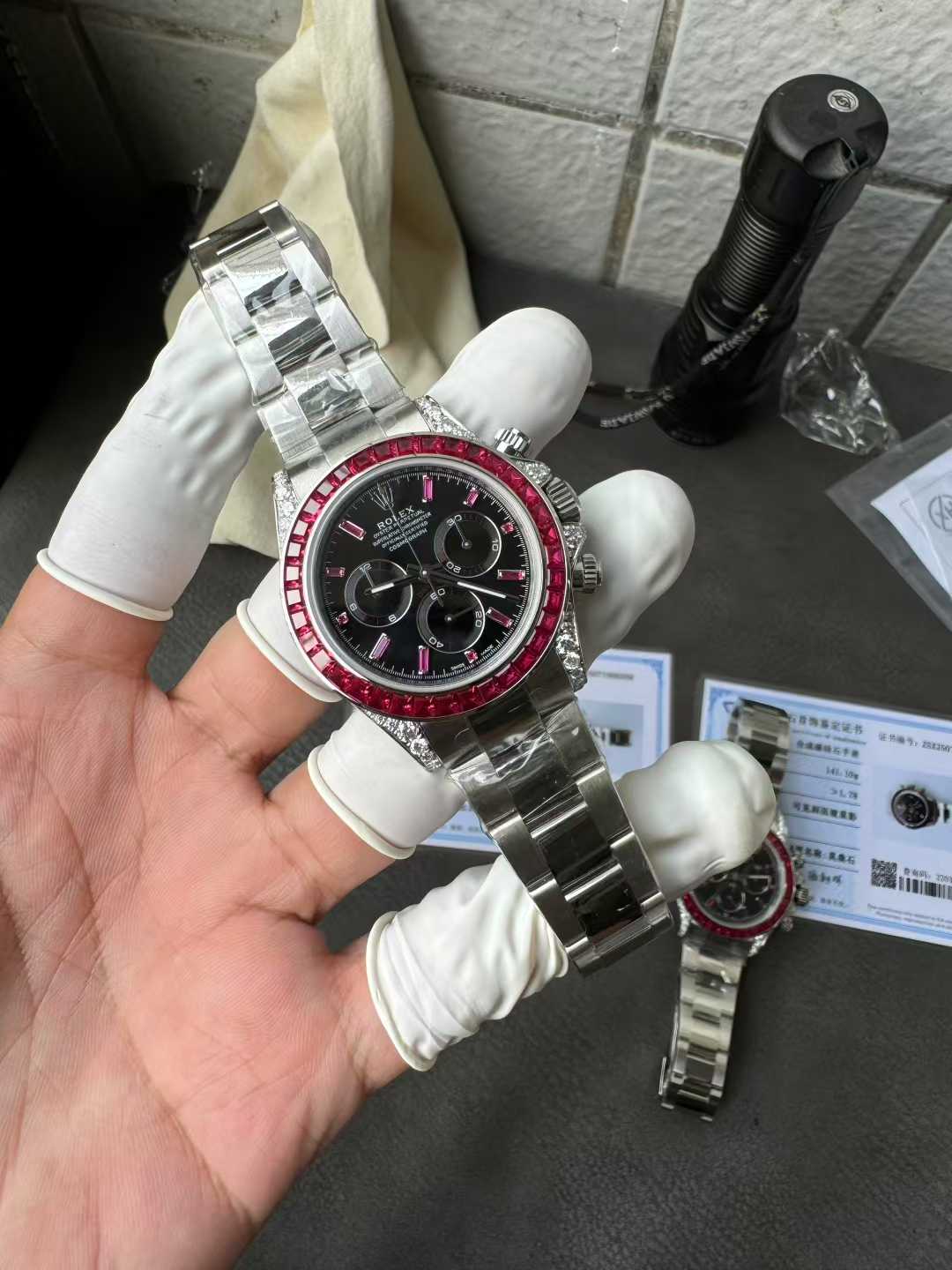 Victory Factory Watch Rolex Ruby Daytona 126599TRU Black Dial Baguette Ruby Bezel TRU Daytona Gem Set DanDong 4131 Movement 03 Clean Factory Watch Rolex Ruby Daytona 126599TRU Black Dial Baguette Ruby Bezel TRU Daytona Gem Set DanDong 4131 Movement 03