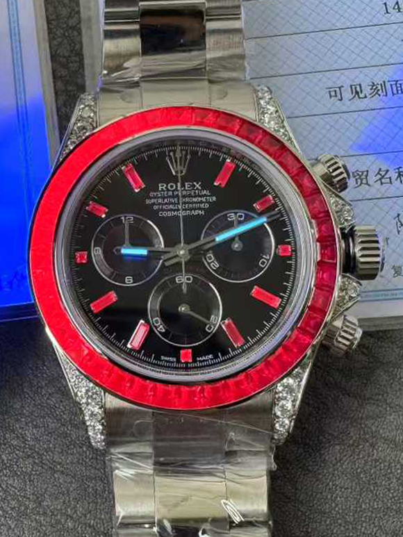 Victory Factory Watch Rolex Ruby Daytona 126599TRU Black Dial Baguette Ruby Bezel TRU Daytona Gem Set DanDong 4131 Movement 09 01 Clean Factory Watch Rolex Ruby Daytona 126599TRU Black Dial Baguette Ruby Bezel TRU Daytona Gem Set DanDong 4131 Movement 09 01