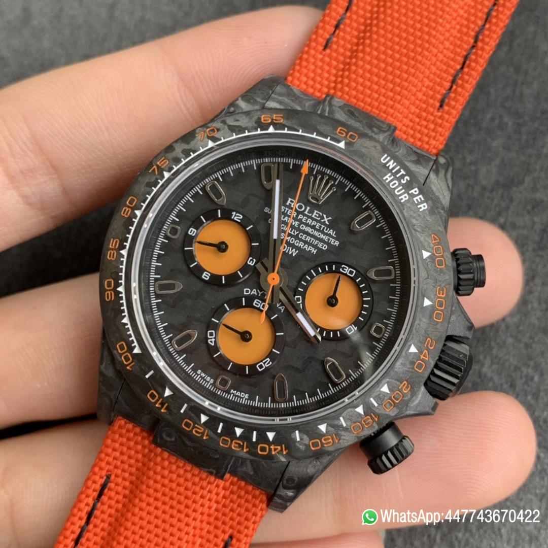 WWF Rolex Cosmograph Daytona DIW Carbon Orange Edition 40mm Forged carbon fiber case Tachymeter Bezel Carbon Texture Dial and Asia 7750 chronograph movement 0 WWF Rolex Cosmograph Daytona DIW Carbon Orange Edition 40mm Forged carbon fiber case Tachymeter Bezel Carbon Texture Dial and Asia 7750 chronograph movement 0