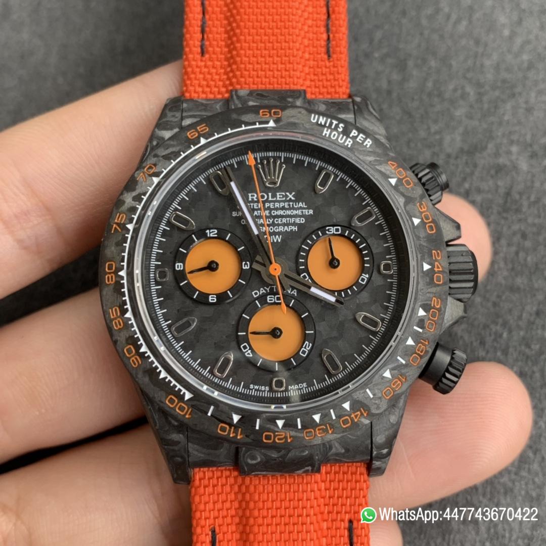 WWF Rolex Cosmograph Daytona DIW Carbon Orange Edition 40mm Forged carbon fiber case Tachymeter Bezel Carbon Texture Dial and Asia 7750 chronograph movement 01 WWF Rolex Cosmograph Daytona DIW Carbon Orange Edition 40mm Forged carbon fiber case Tachymeter Bezel Carbon Texture Dial and Asia 7750 chronograph movement 01