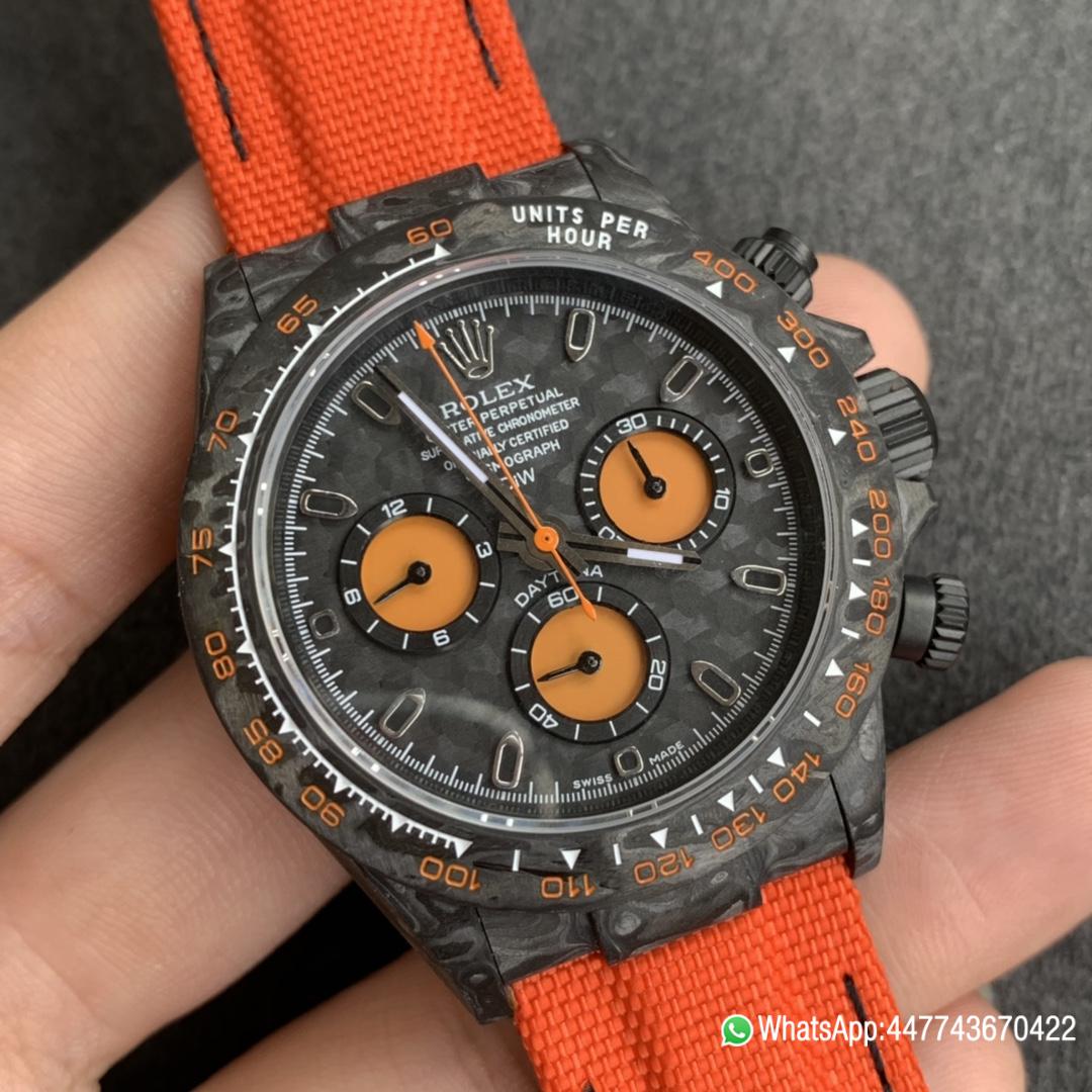 WWF Rolex Cosmograph Daytona DIW Carbon Orange Edition 40mm Forged carbon fiber case Tachymeter Bezel Carbon Texture Dial and Asia 7750 chronograph movement 02 WWF Rolex Cosmograph Daytona DIW Carbon Orange Edition 40mm Forged carbon fiber case Tachymeter Bezel Carbon Texture Dial and Asia 7750 chronograph movement 02