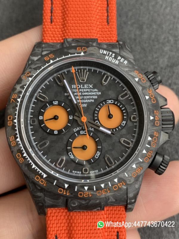 WWF Rolex Cosmograph Daytona DIW Carbon Orange Edition 40mm Forged carbon fiber case Tachymeter Bezel Carbon Texture Dial and Asia 7750 chronograph movement 03 WWF Rolex Cosmograph Daytona DIW Carbon Orange Edition 40mm Forged carbon fiber case Tachymeter Bezel Carbon Texture Dial and Asia 7750 chronograph movement 03