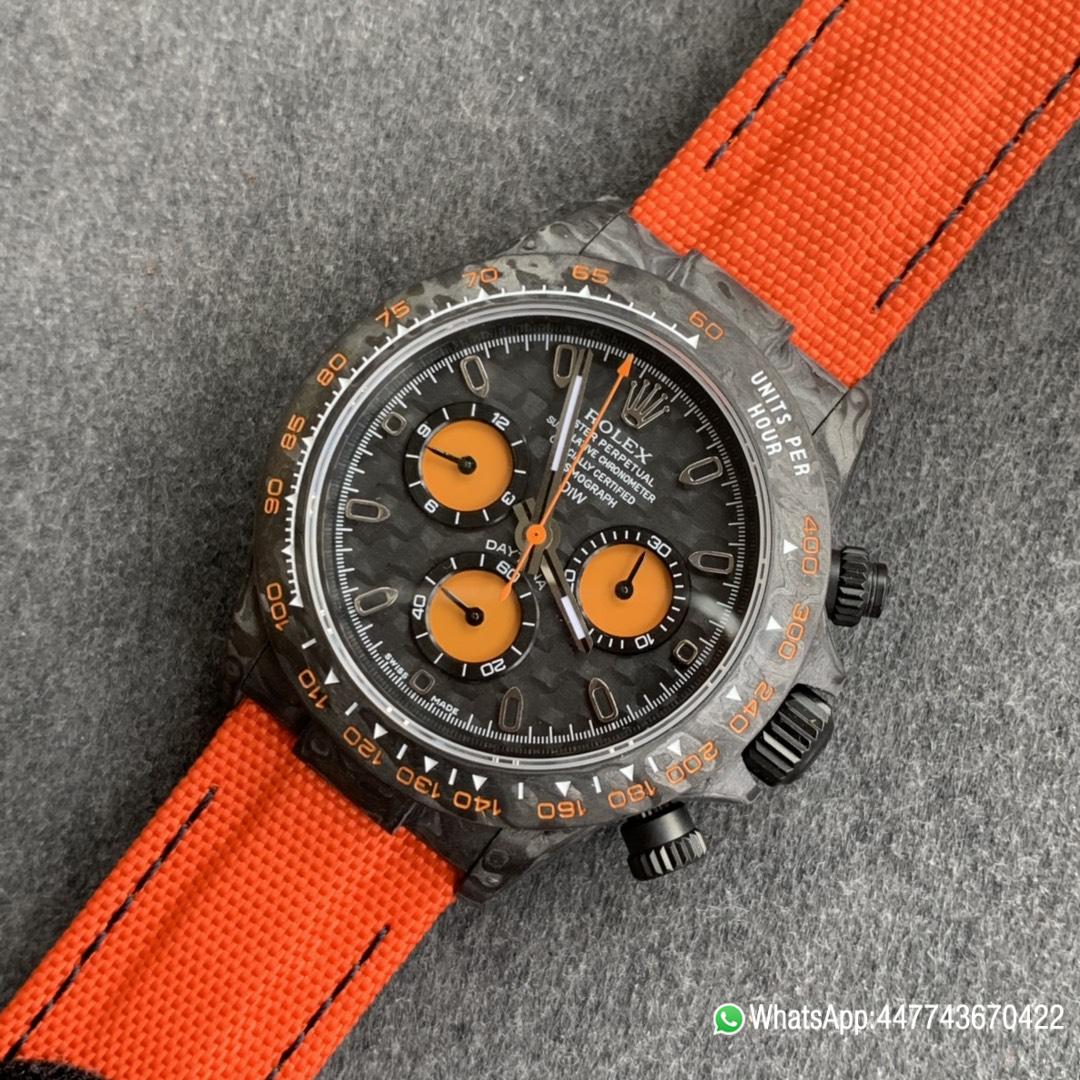 WWF Rolex Cosmograph Daytona DIW Carbon Orange Edition 40mm Forged carbon fiber case Tachymeter Bezel Carbon Texture Dial and Asia 7750 chronograph movement 04 WWF Rolex Cosmograph Daytona DIW Carbon Orange Edition 40mm Forged carbon fiber case Tachymeter Bezel Carbon Texture Dial and Asia 7750 chronograph movement 04
