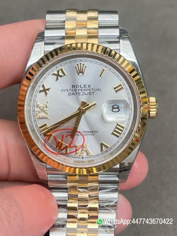 VSF Rolex Datejust 36 REF 126233 Yellow Rolesor with a silver Roman numeral dial fluted yellow gold bezel and Jubilee bracelet Dandong 3235 Movement 0 VSF Rolex Datejust 36 REF 126233 Yellow Rolesor with a silver Roman numeral dial fluted yellow gold bezel and Jubilee bracelet Dandong 3235 Movement 0