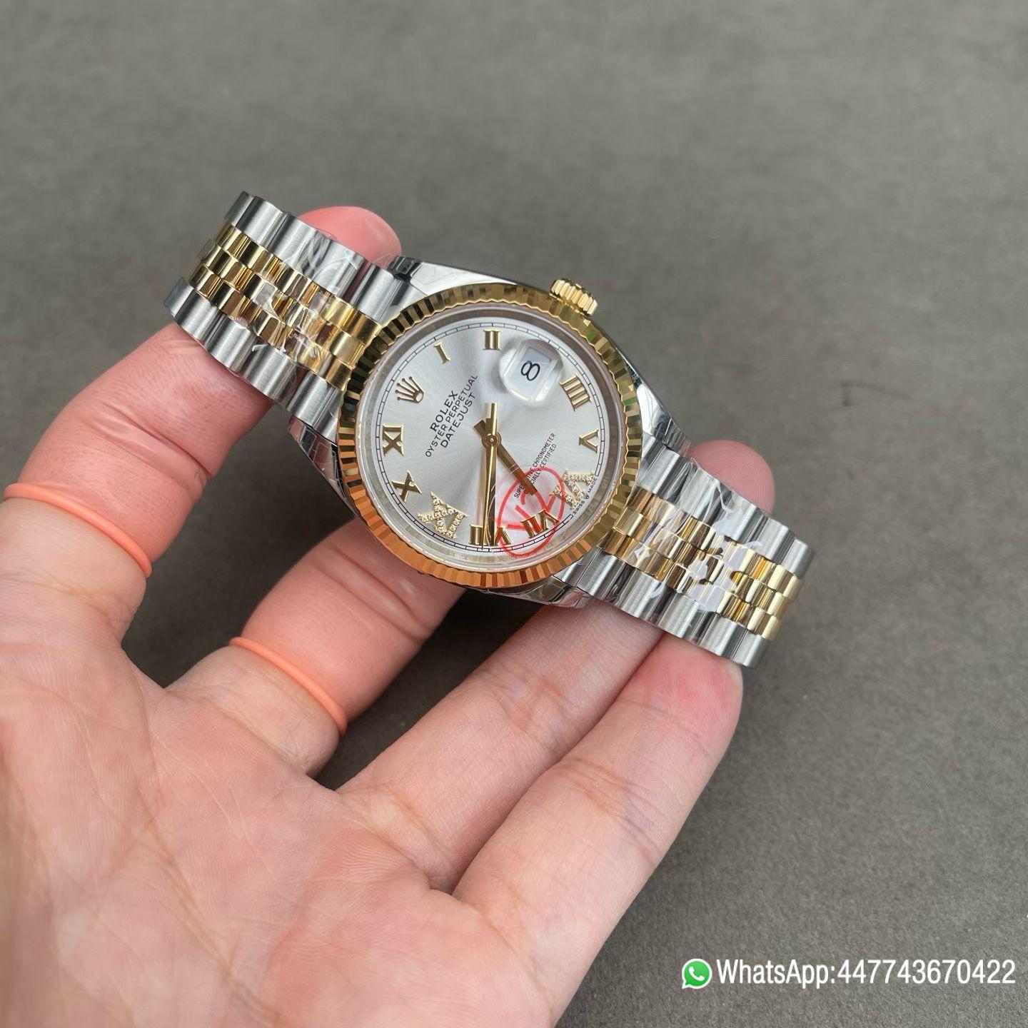 VSF Rolex Datejust 36 REF 126233 Yellow Rolesor with a silver Roman numeral dial fluted yellow gold bezel and Jubilee bracelet Dandong 3235 Movement 02 VSF Rolex Datejust 36 REF 126233 Yellow Rolesor with a silver Roman numeral dial fluted yellow gold bezel and Jubilee bracelet Dandong 3235 Movement 02